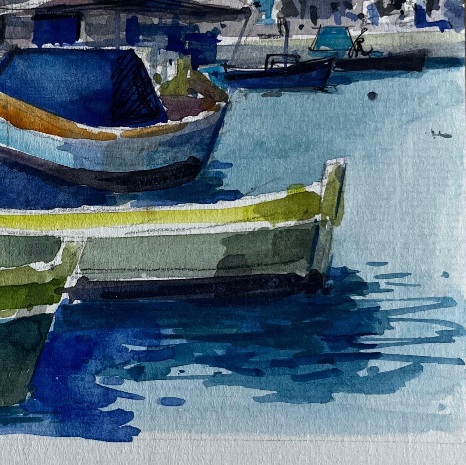 Pierre Neveumediterranean Fishing Boats Coastal Harbour Scene Watercolour By Pierre Neveu photo 514.0
