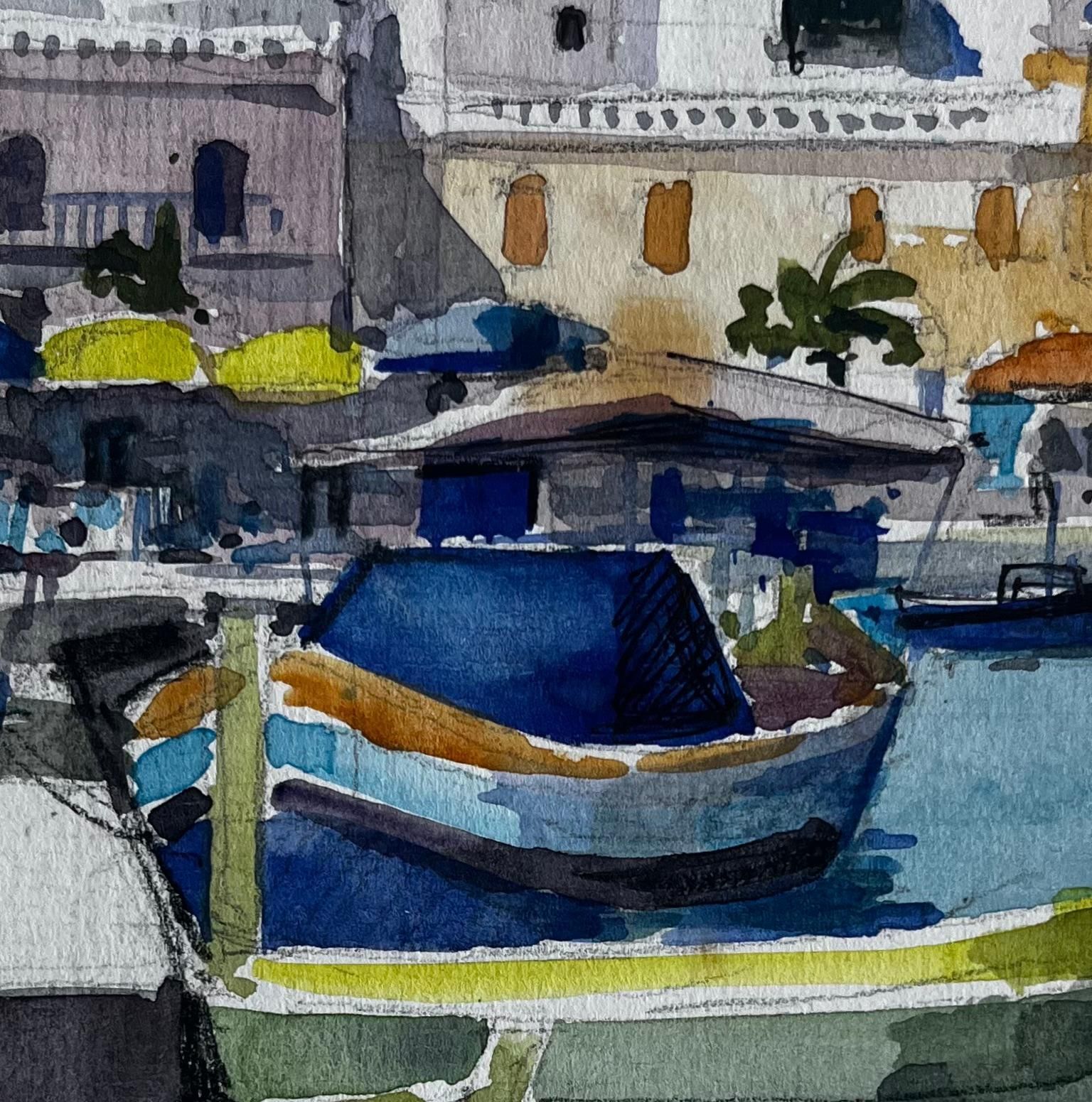 Pierre Neveumediterranean Fishing Boats Coastal Harbour Scene Watercolour By Pierre Neveu photo buy