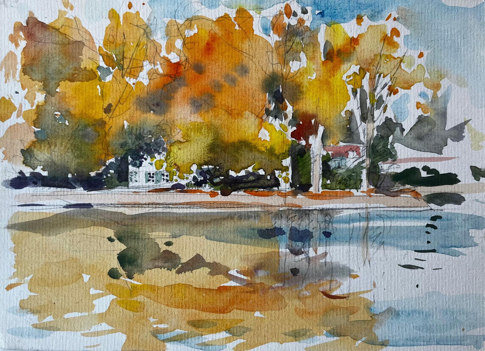 Pierre Neveuautumn Trees Lakeside Reflections Riverside House Golden Foliage Landscape