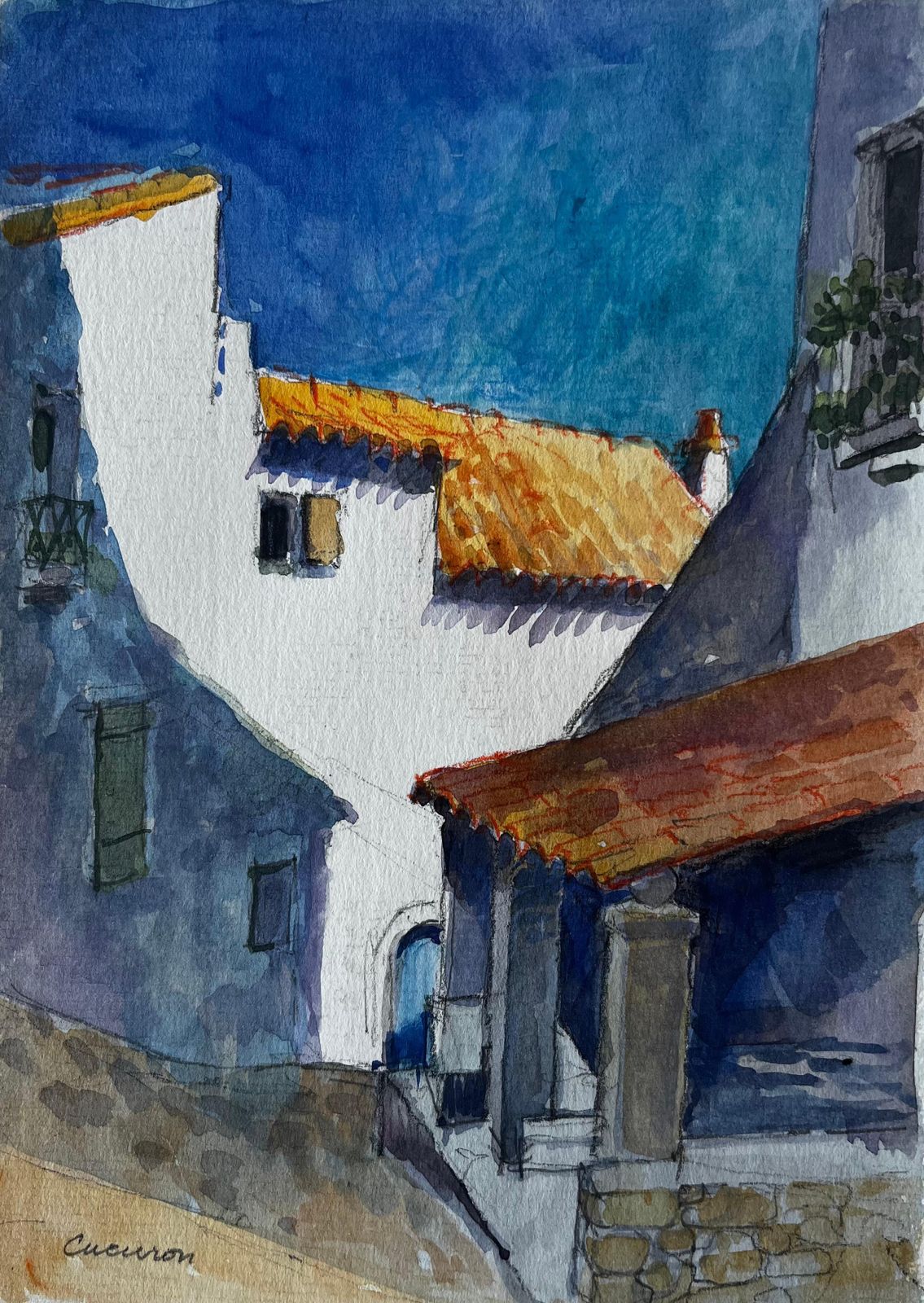 Pierre Neveucucuron Provence Sunlit White Buildings Terracotta Roofs Village Street