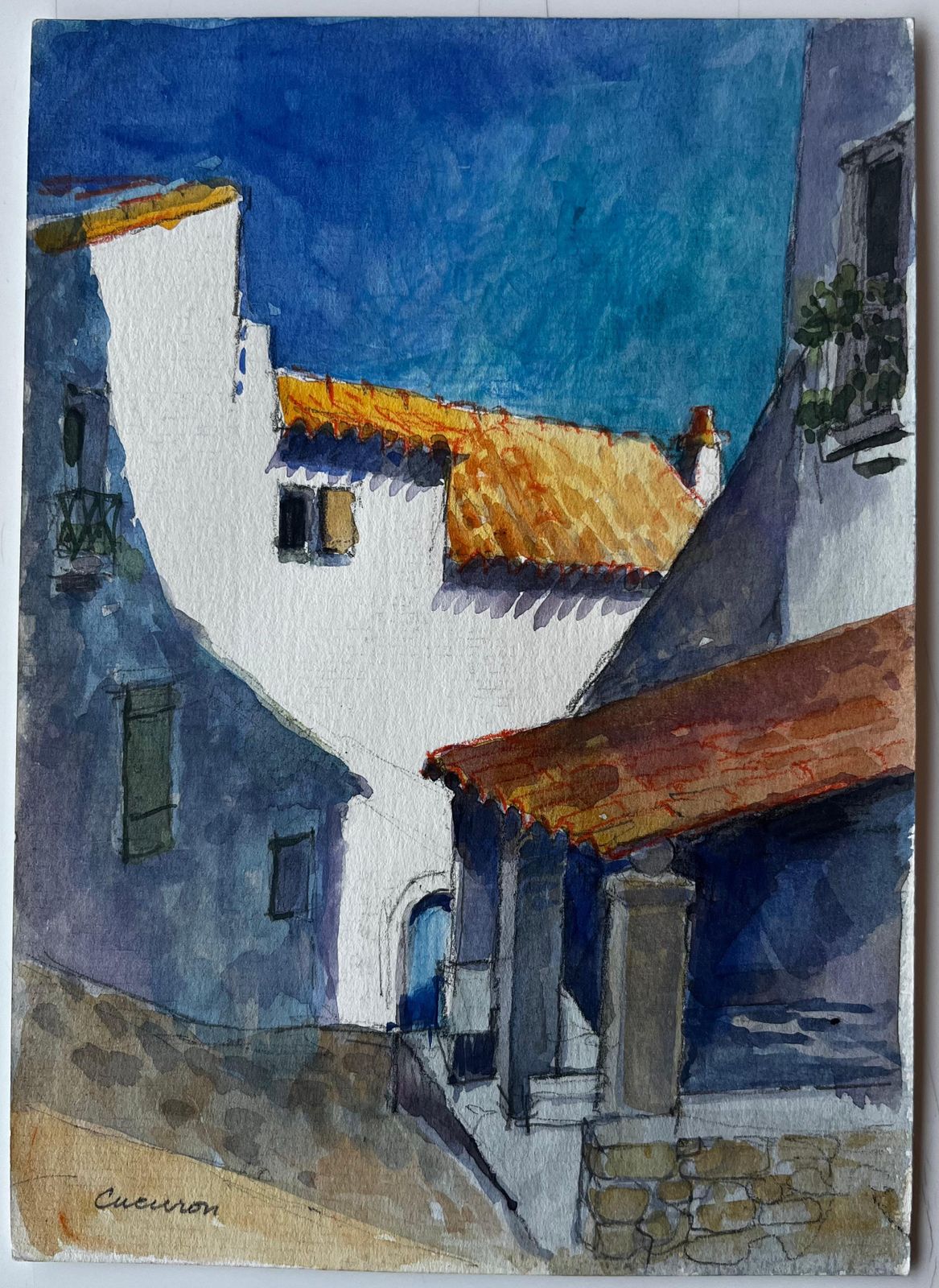 Pierre Neveucucuron Provence Sunlit White Buildings Terracotta Roofs Village Street photo furniture