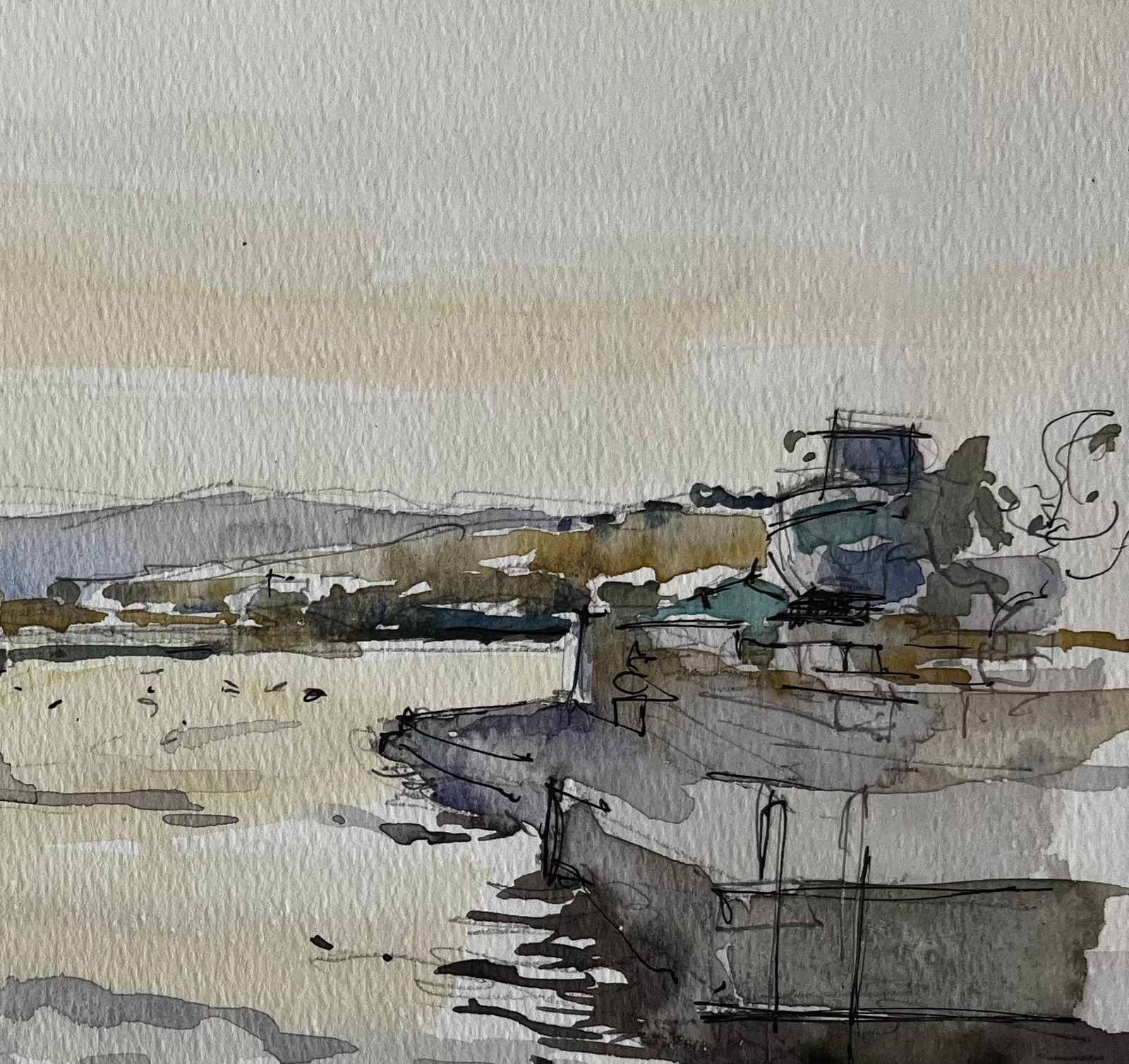 Pierre Neveumalta Harbour Landscape Boats Reflections Soft Sunset Watercolour Study photo for sale