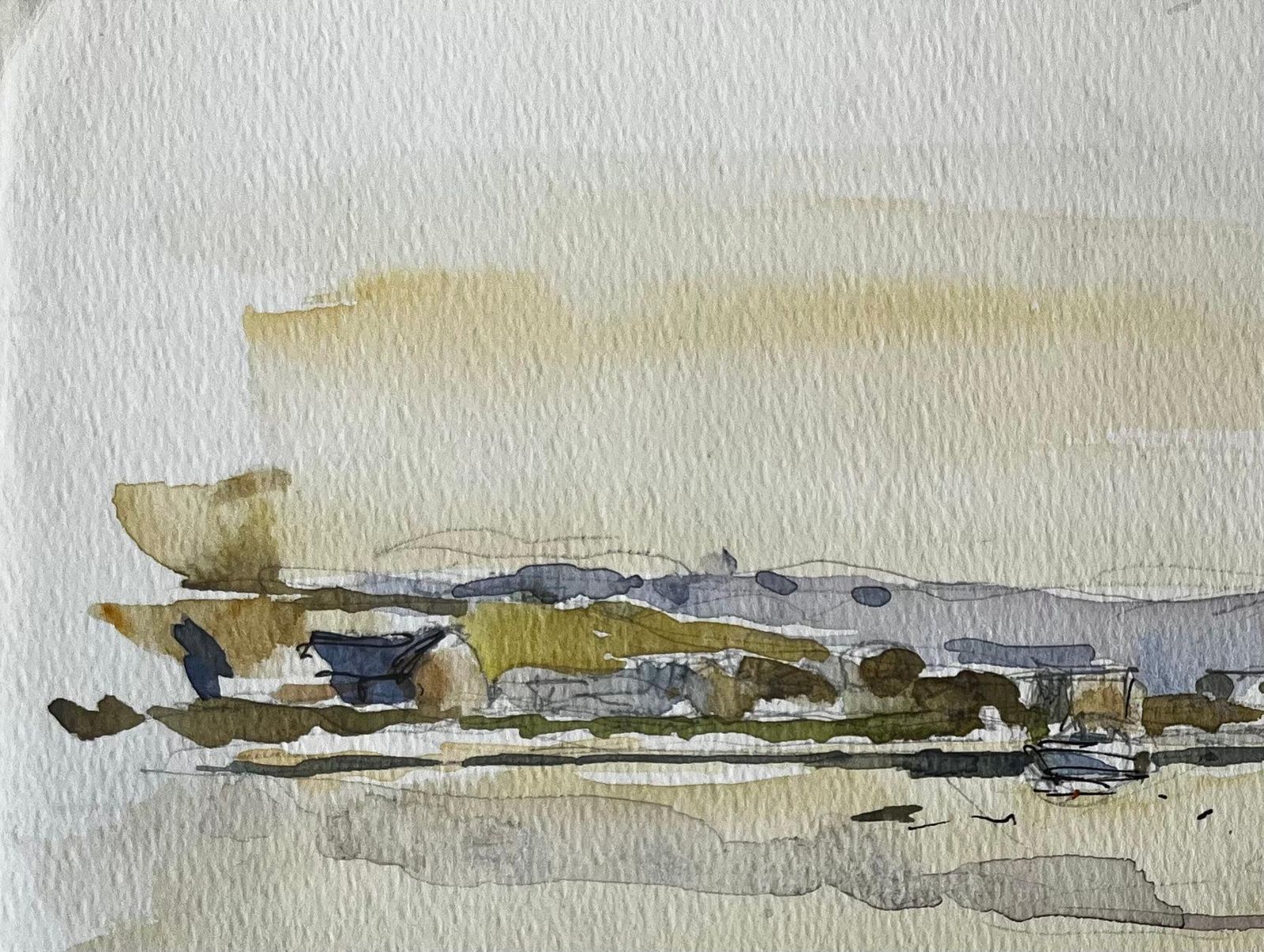 Pierre Neveumalta Harbour Landscape Boats Reflections Soft Sunset Watercolour Study photo Art