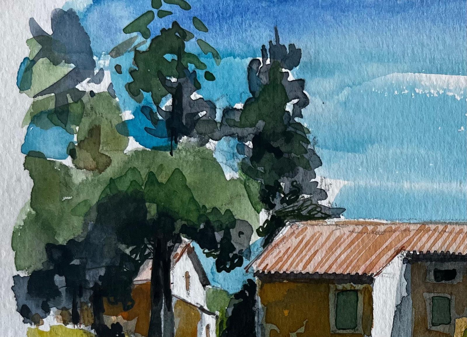 Pierre Neveuprovence Farmhouse Terracotta Roof Trees And Summer Light Watercolour Study photo for sale