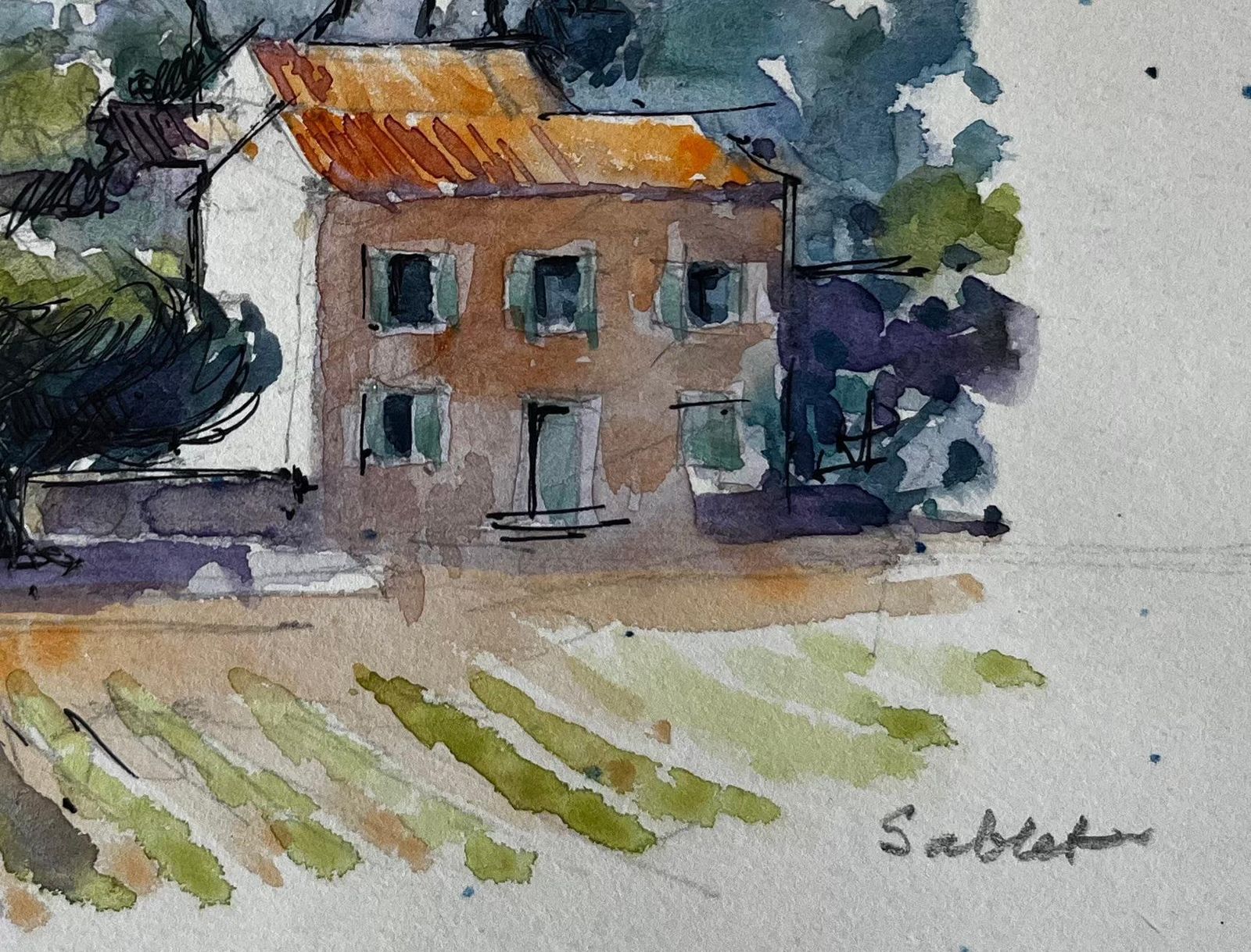 Pierre Neveusablet Provence Vineyard Farmhouses Trees Hills French Landscape Watercolour photo Art