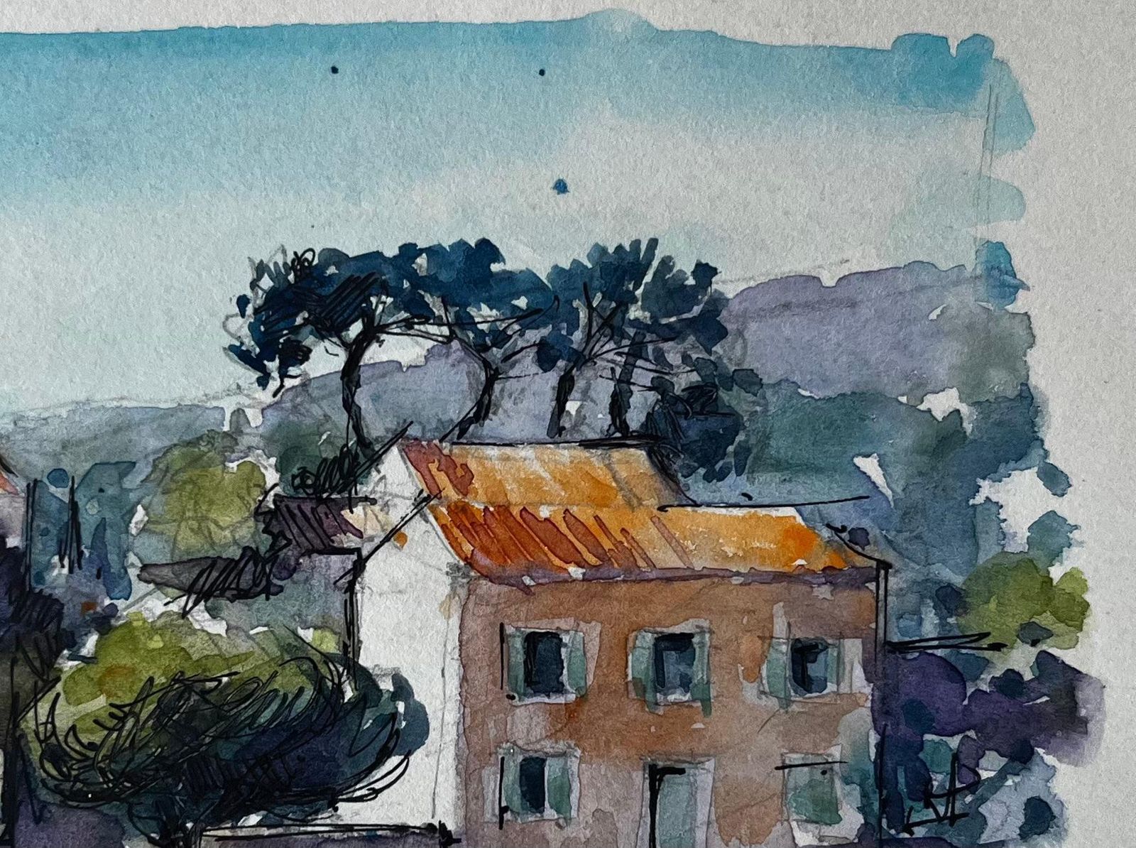 Pierre Neveusablet Provence Vineyard Farmhouses Trees Hills French Landscape Watercolour photo vinterior