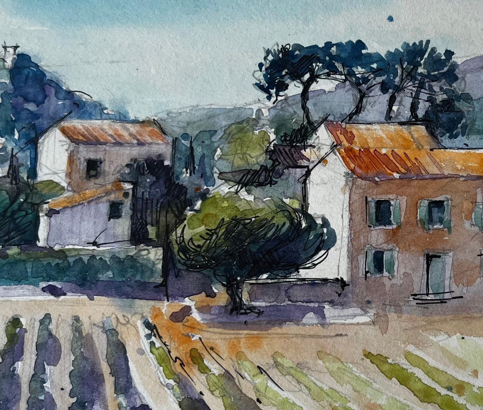 Pierre Neveusablet Provence Vineyard Farmhouses Trees Hills French Landscape Watercolour photo buy
