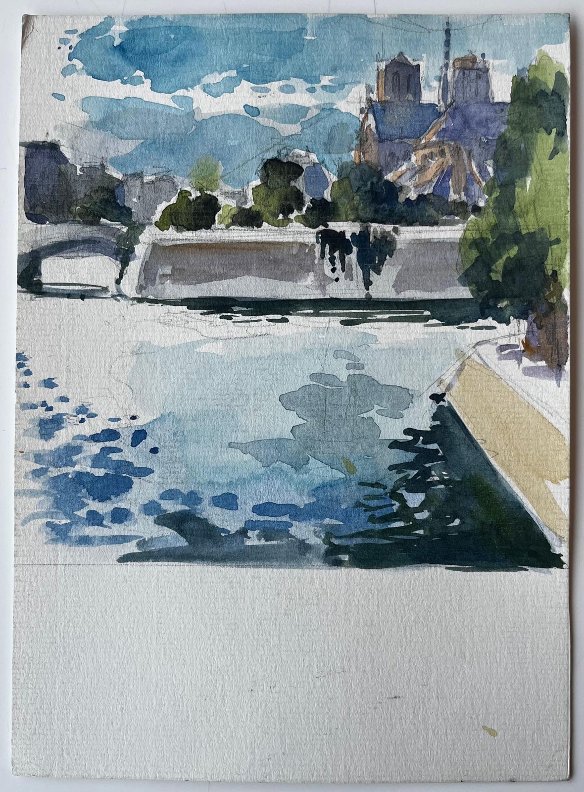 Pierre Neveuparis Seine River View With Notre Dame Cathedral And Bridge French Watercolor photo furniture