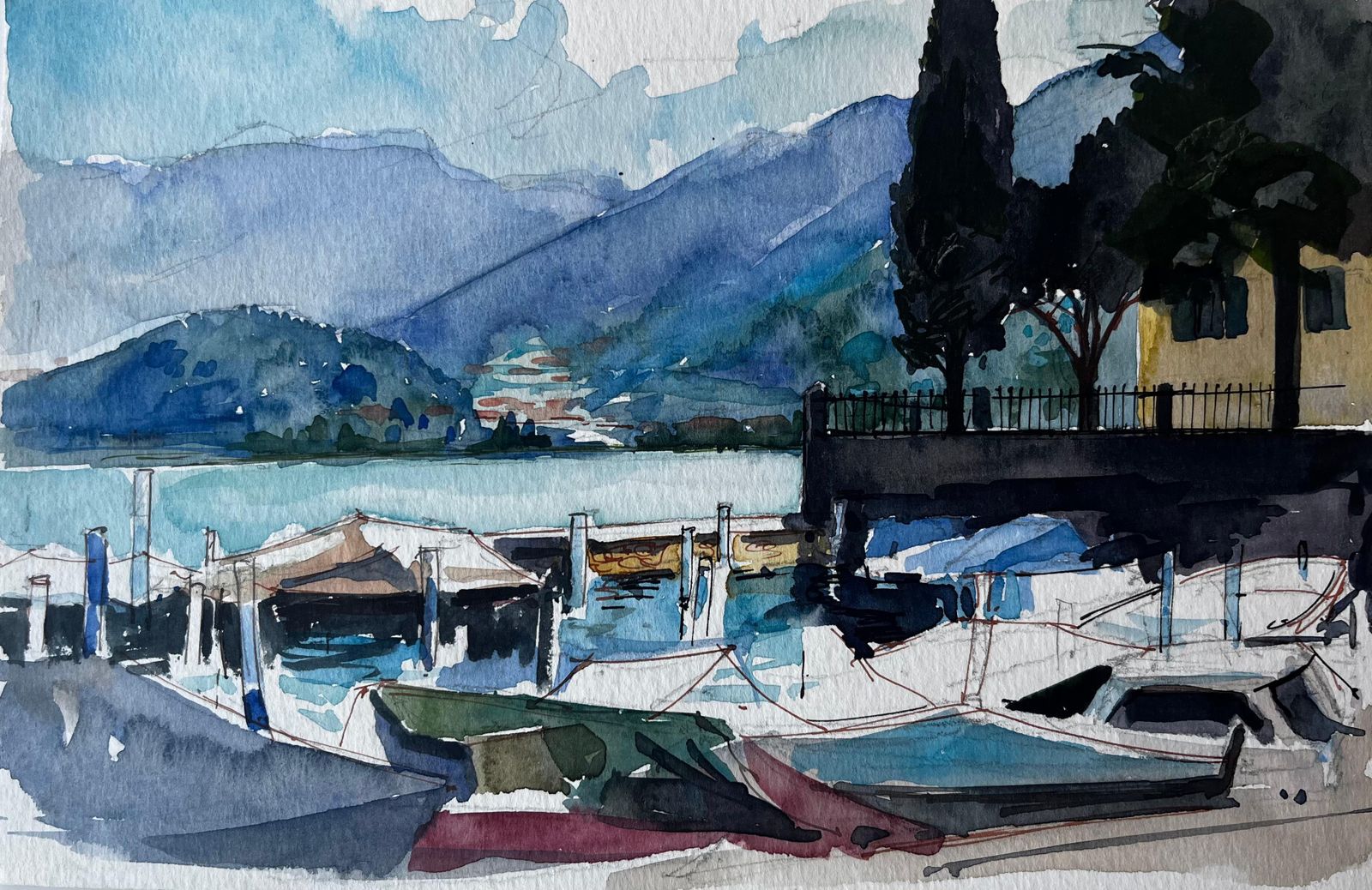 Pierre Neveuitalian Lakeside Harbour Boats Mountains And Villa Watercolor