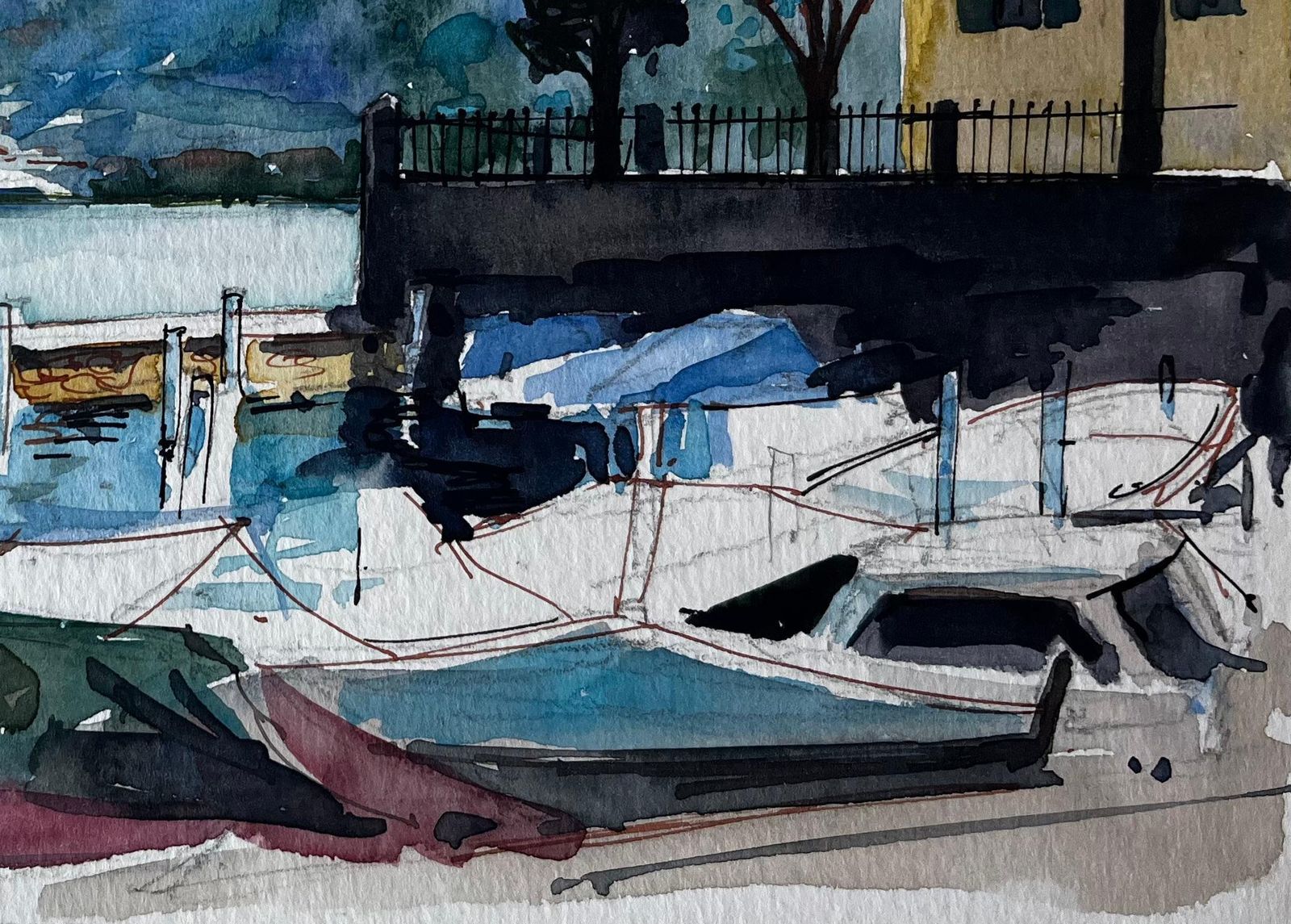 Pierre Neveuitalian Lakeside Harbour Boats Mountains And Villa Watercolor photo for sale