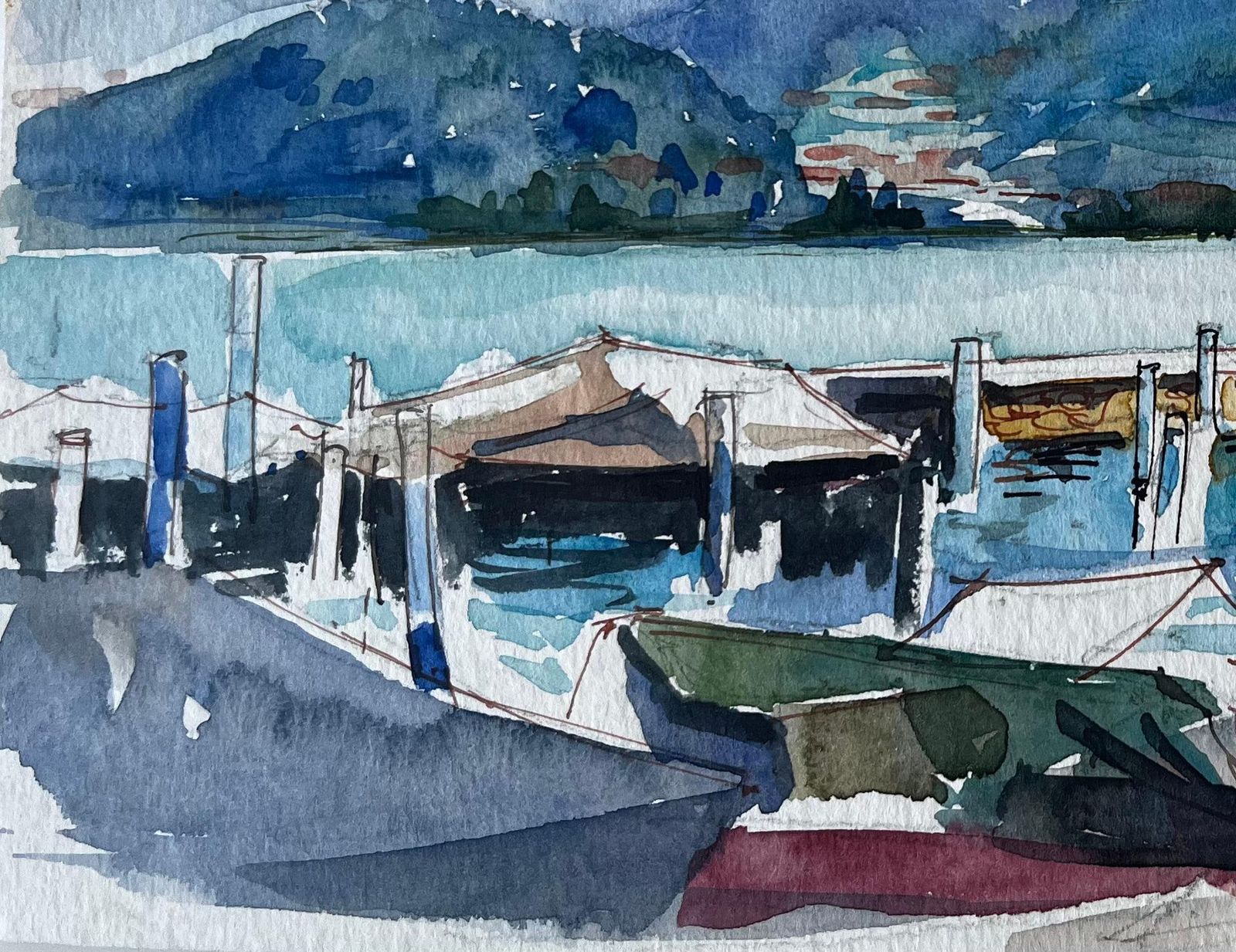 Pierre Neveuitalian Lakeside Harbour Boats Mountains And Villa Watercolor photo 453.0