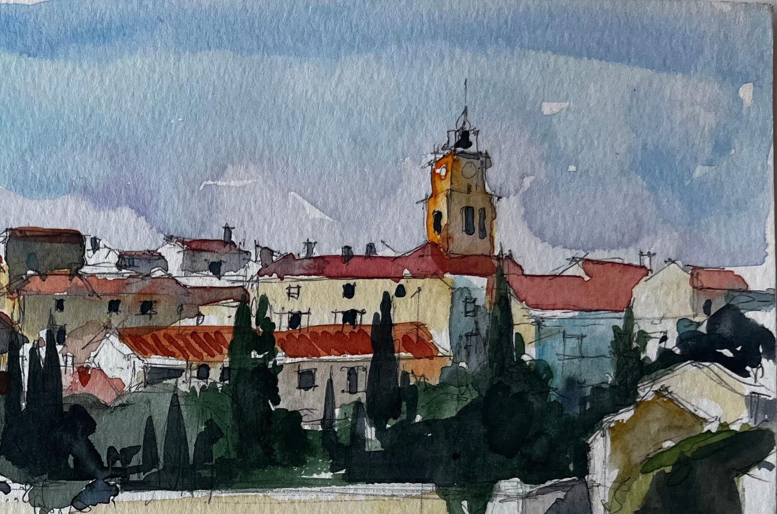 Pierre Neveuprovence Village Landscape Sablet Hillside View Watercolour By Pierre Neveu photo Art