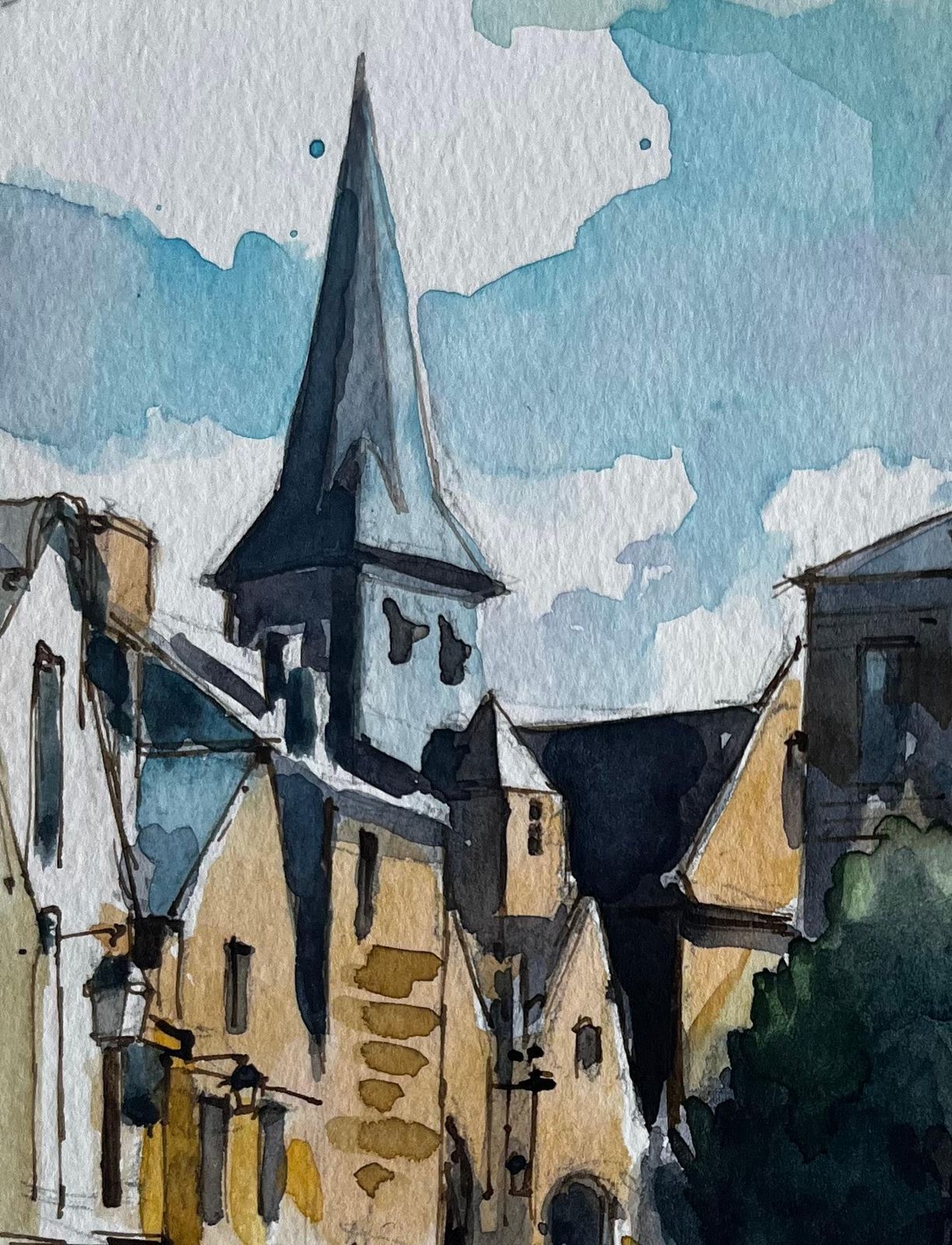 Pierre Neveuguerande French Market Square Church Spire Figures And Yellow Parasol photo for sale