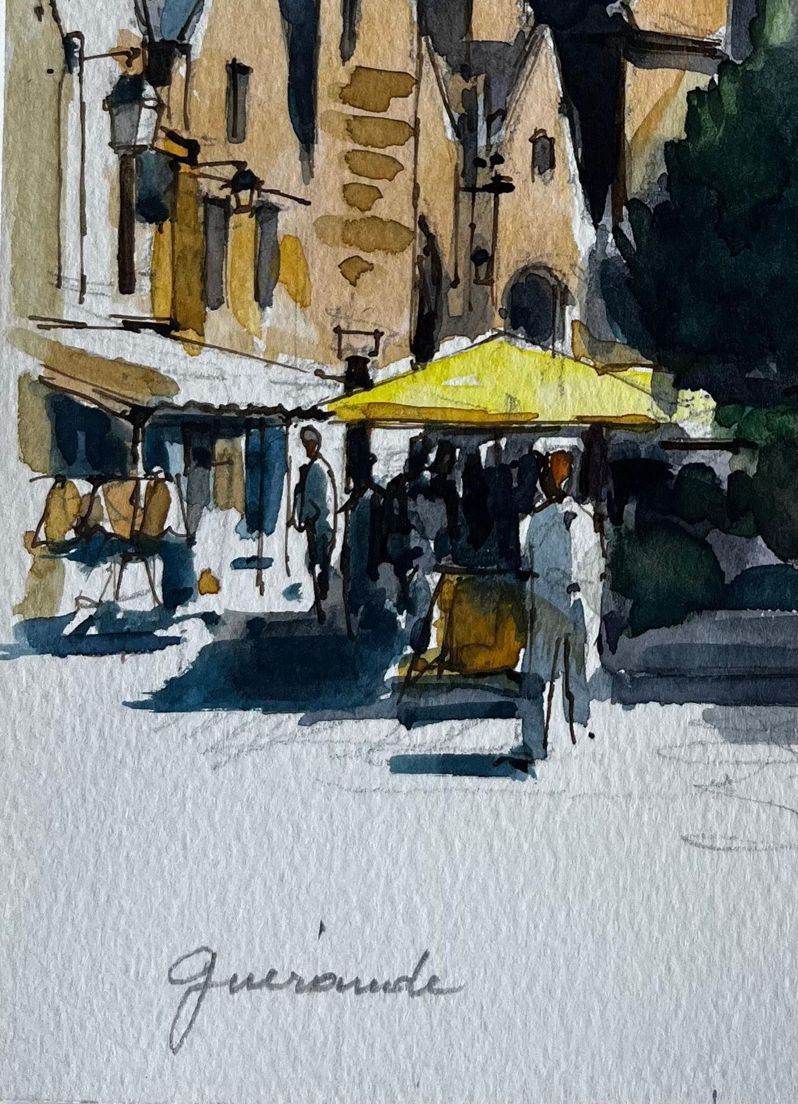 Pierre Neveuguerande French Market Square Church Spire Figures And Yellow Parasol photo vinterior