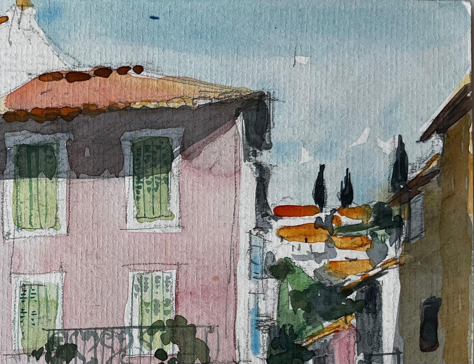Pierre Neveuprovence Pink House Village Street Scene Woman In Red French Watercolor photo Art