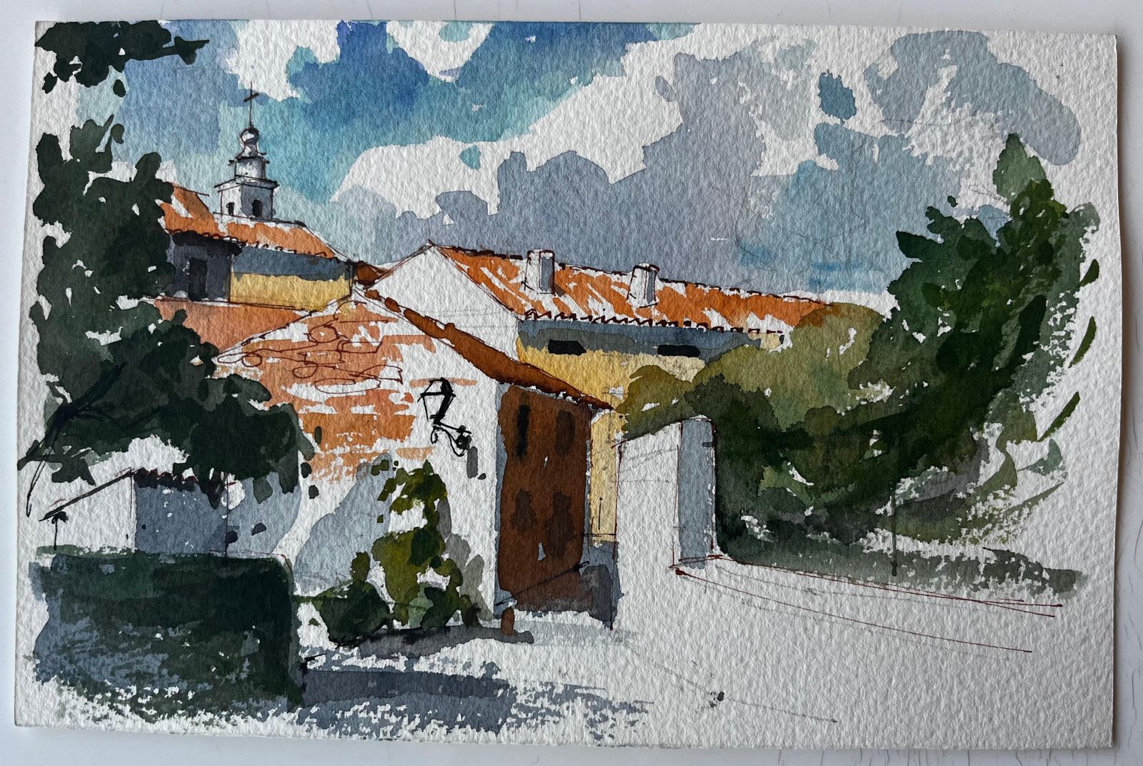 Pierre Neveuspanish Hilltop Village With Orange Roofs Trees And Courtyard Watercolour Scene photo furniture