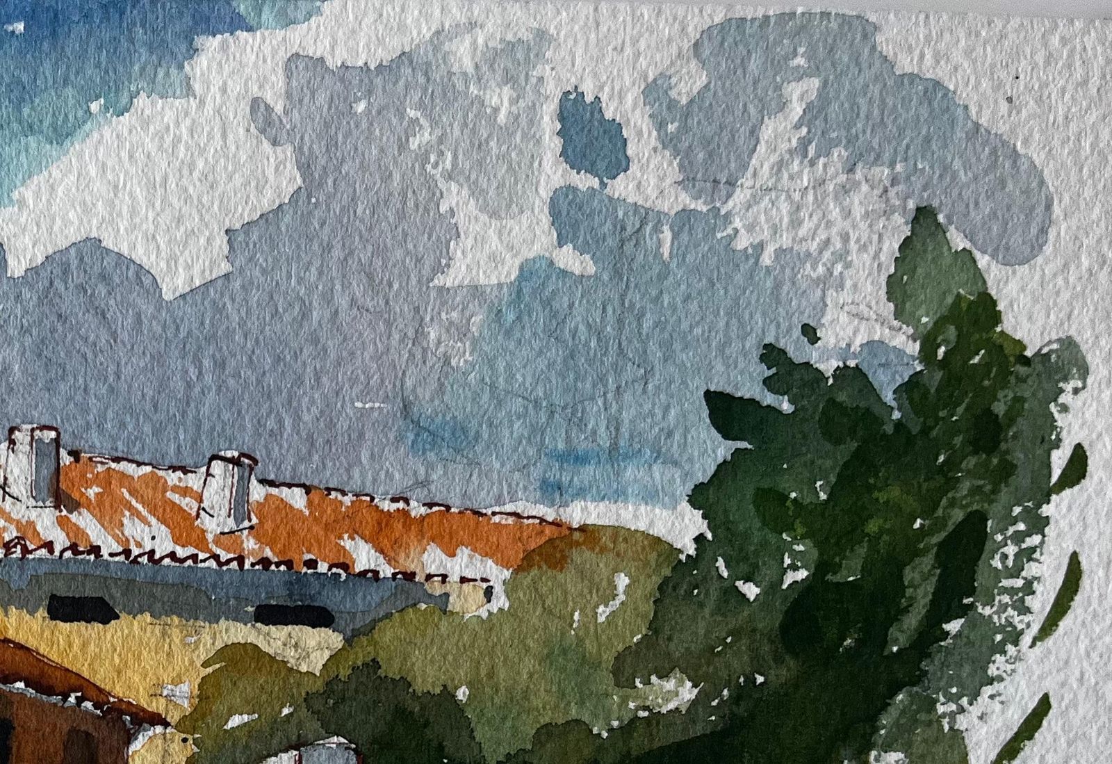Pierre Neveuspanish Hilltop Village With Orange Roofs Trees And Courtyard Watercolour Scene photo Art