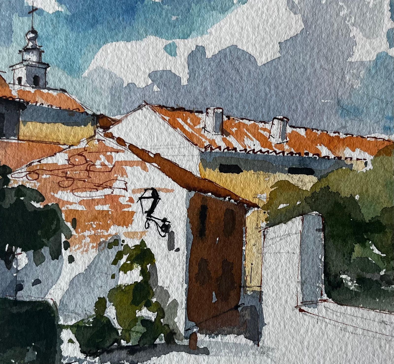 Pierre Neveuspanish Hilltop Village With Orange Roofs Trees And Courtyard Watercolour Scene photo buy