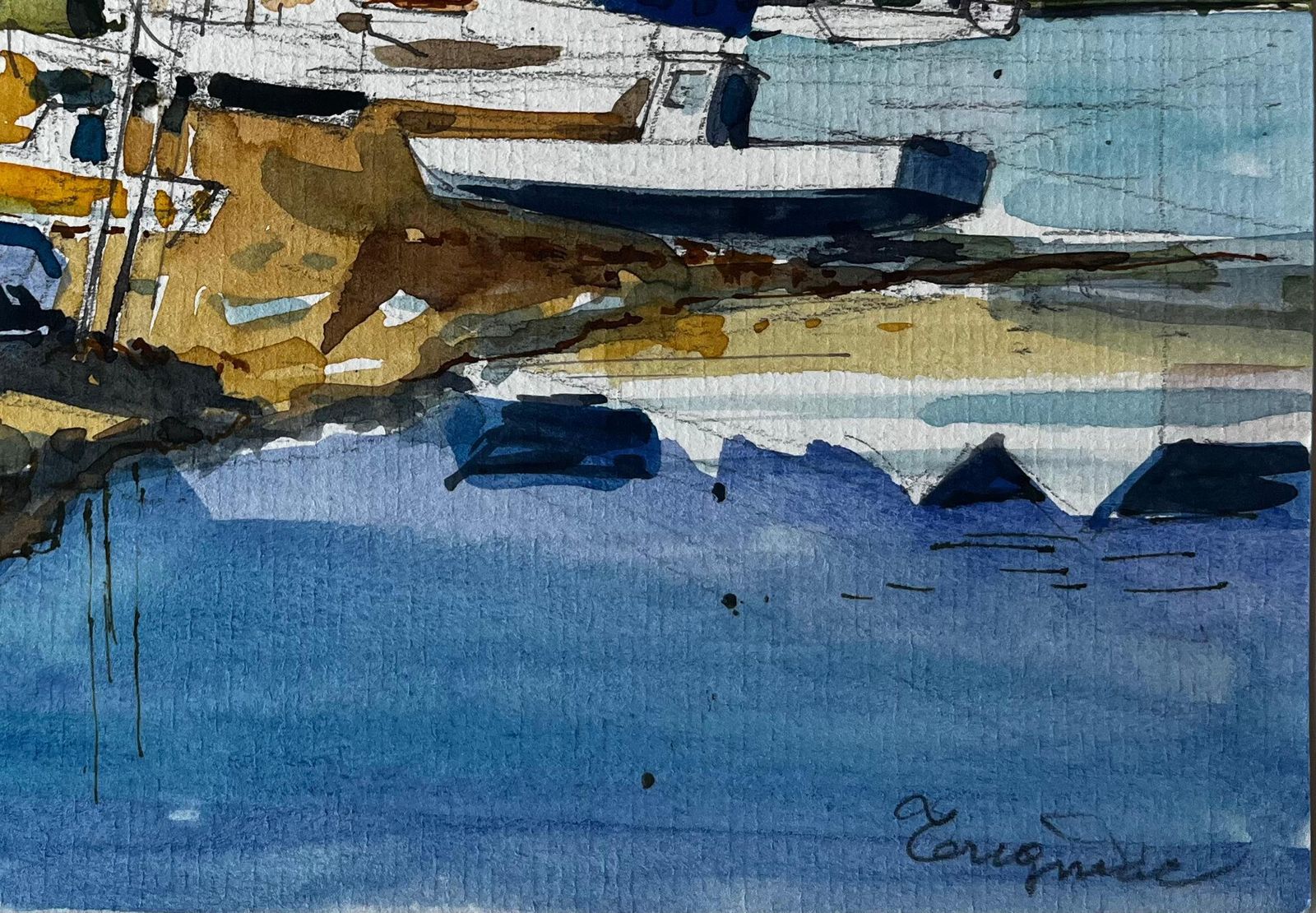 Pierre Neveucrognier Coastal Harbour With Boats And Stone Houses Watercolor photo 524.0