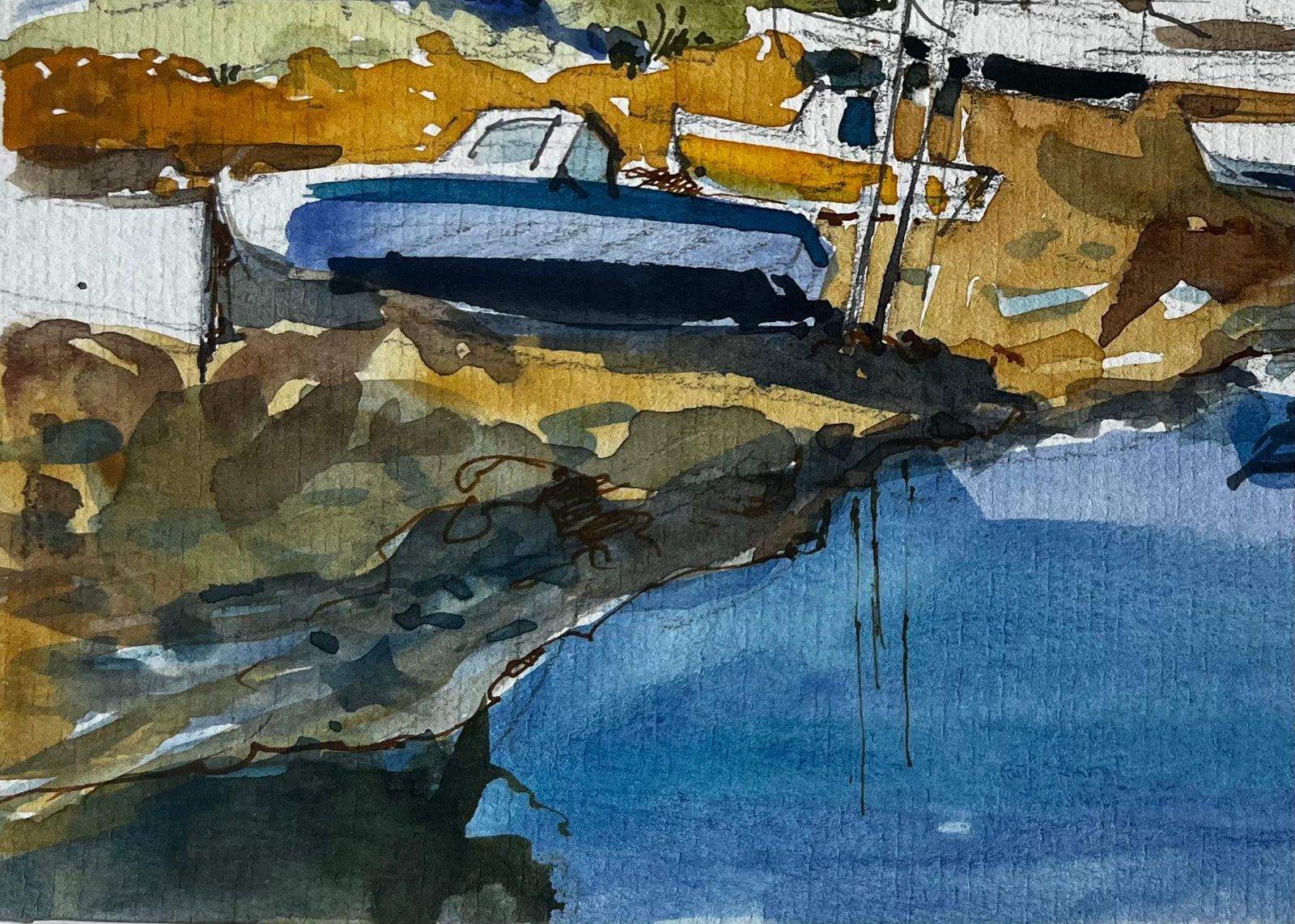 Pierre Neveucrognier Coastal Harbour With Boats And Stone Houses Watercolor photo vinterior