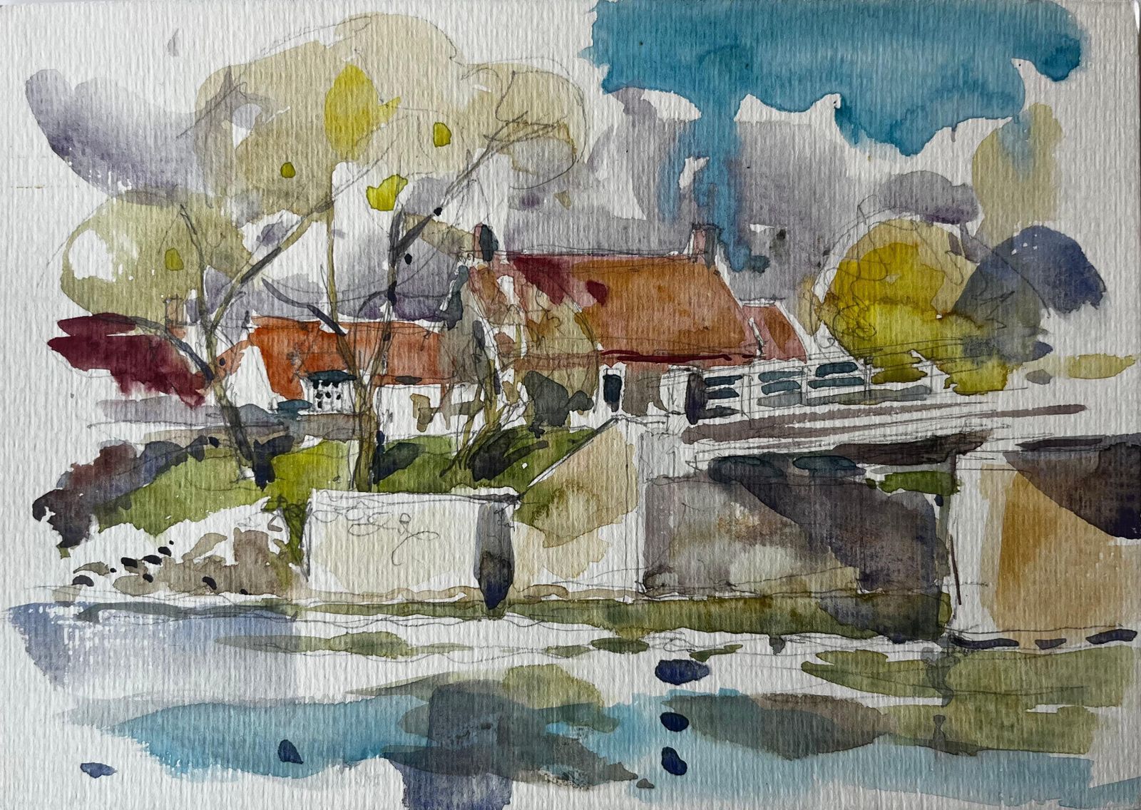 Pierre Neveuriverside Bridge And Red Roofed Houses French Village Watercolor