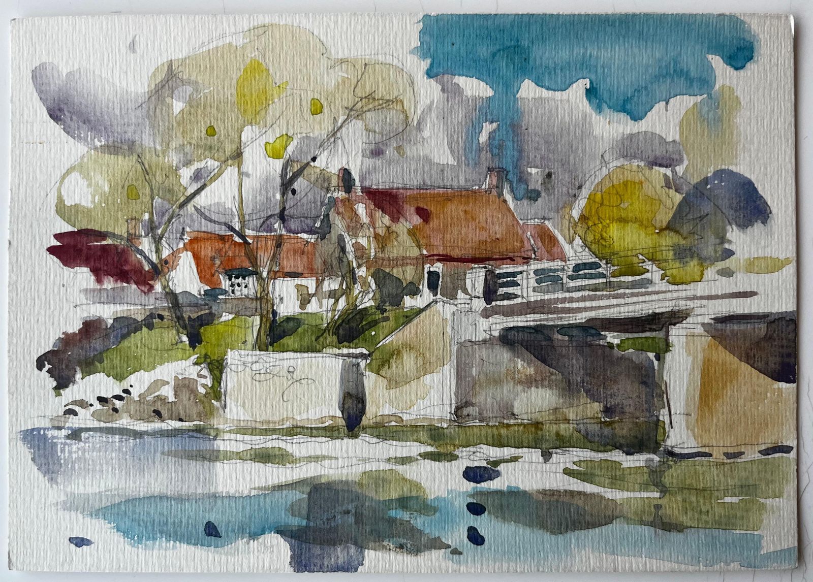 Pierre Neveuriverside Bridge And Red Roofed Houses French Village Watercolor photo furniture