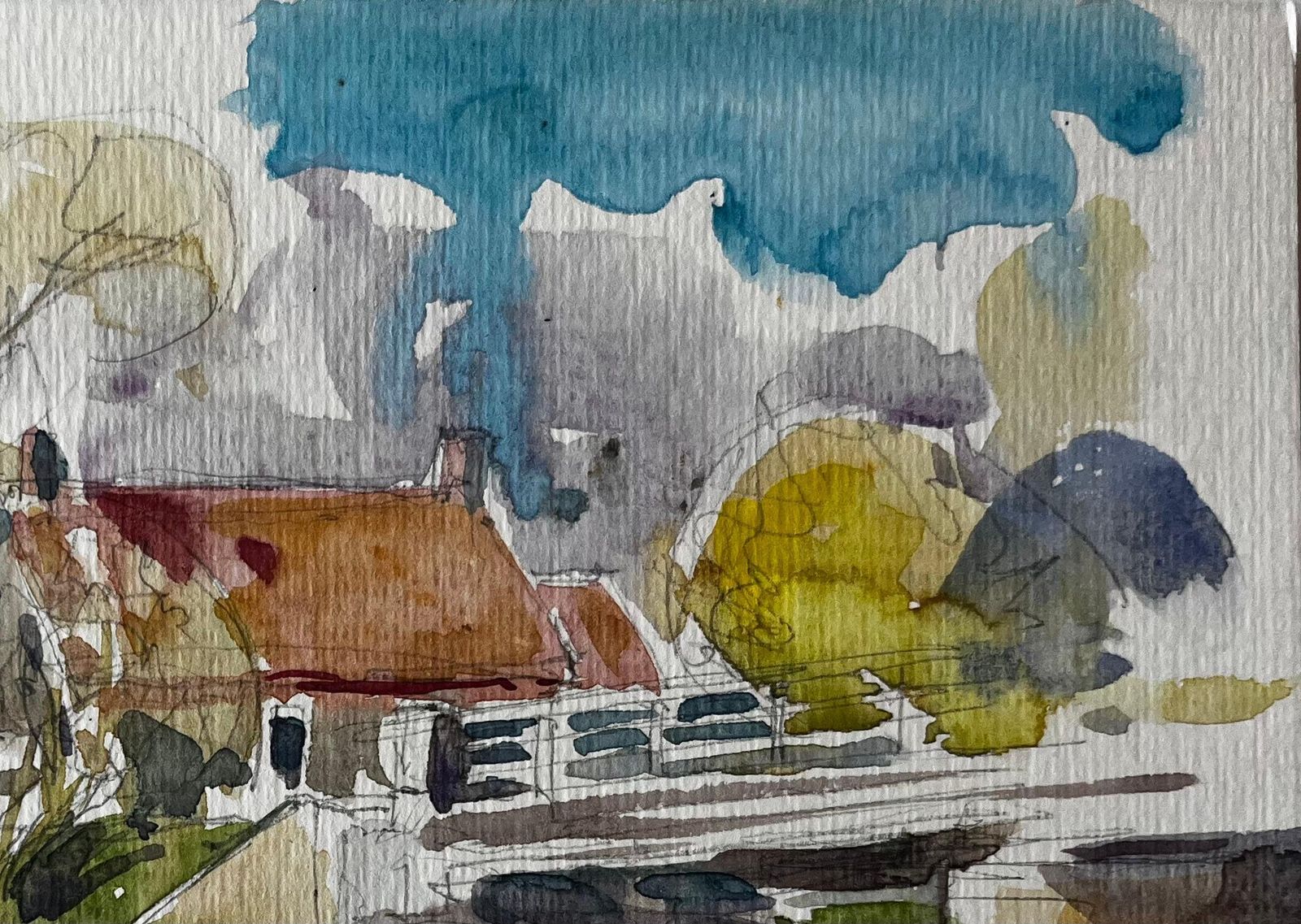 Pierre Neveuriverside Bridge And Red Roofed Houses French Village Watercolor photo Art