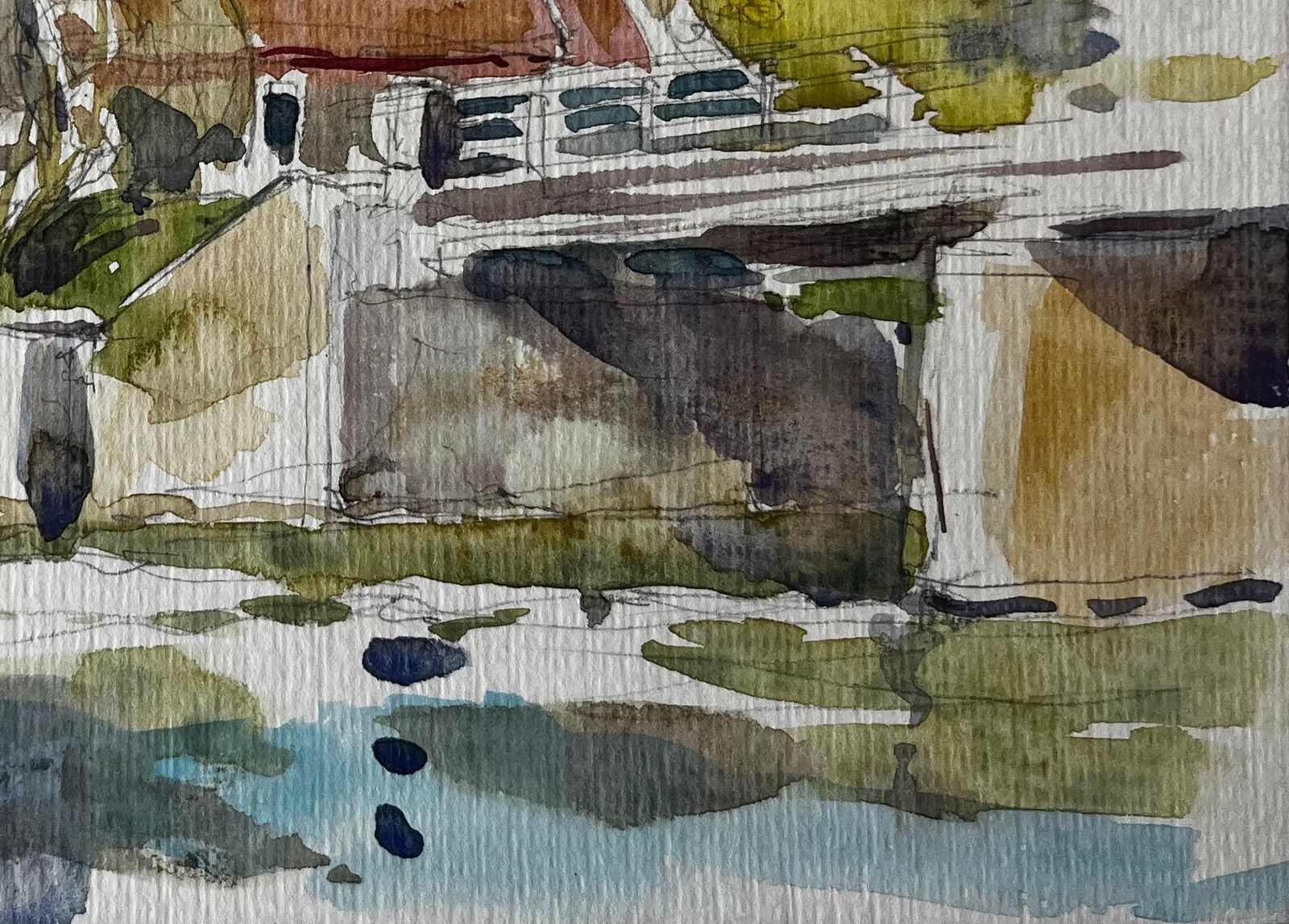 Pierre Neveuriverside Bridge And Red Roofed Houses French Village Watercolor photo 525.0