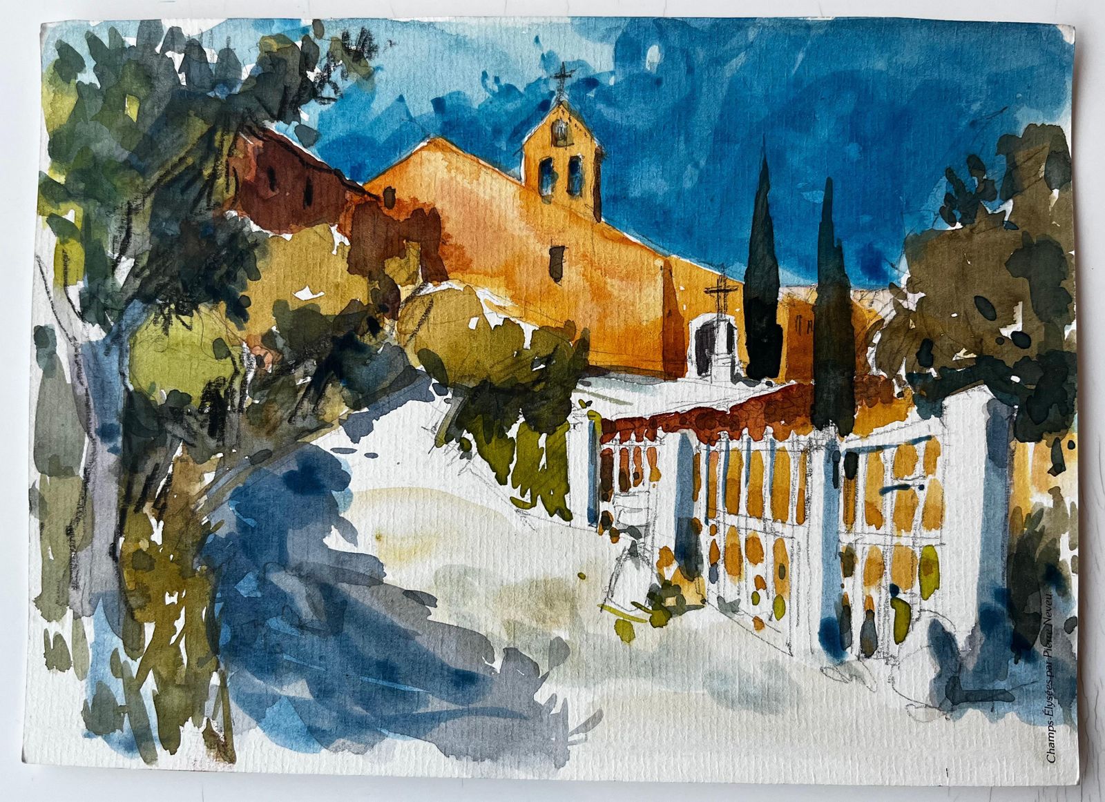 Pierre Neveuprovence Chapel Sunlit Church Pathway Cypress Trees French Landscape Watercolor photo furniture
