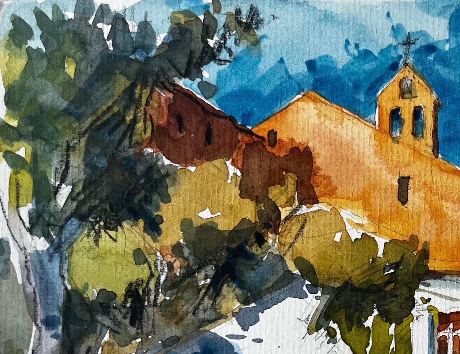 Pierre Neveuprovence Chapel Sunlit Church Pathway Cypress Trees French Landscape Watercolor photo for sale
