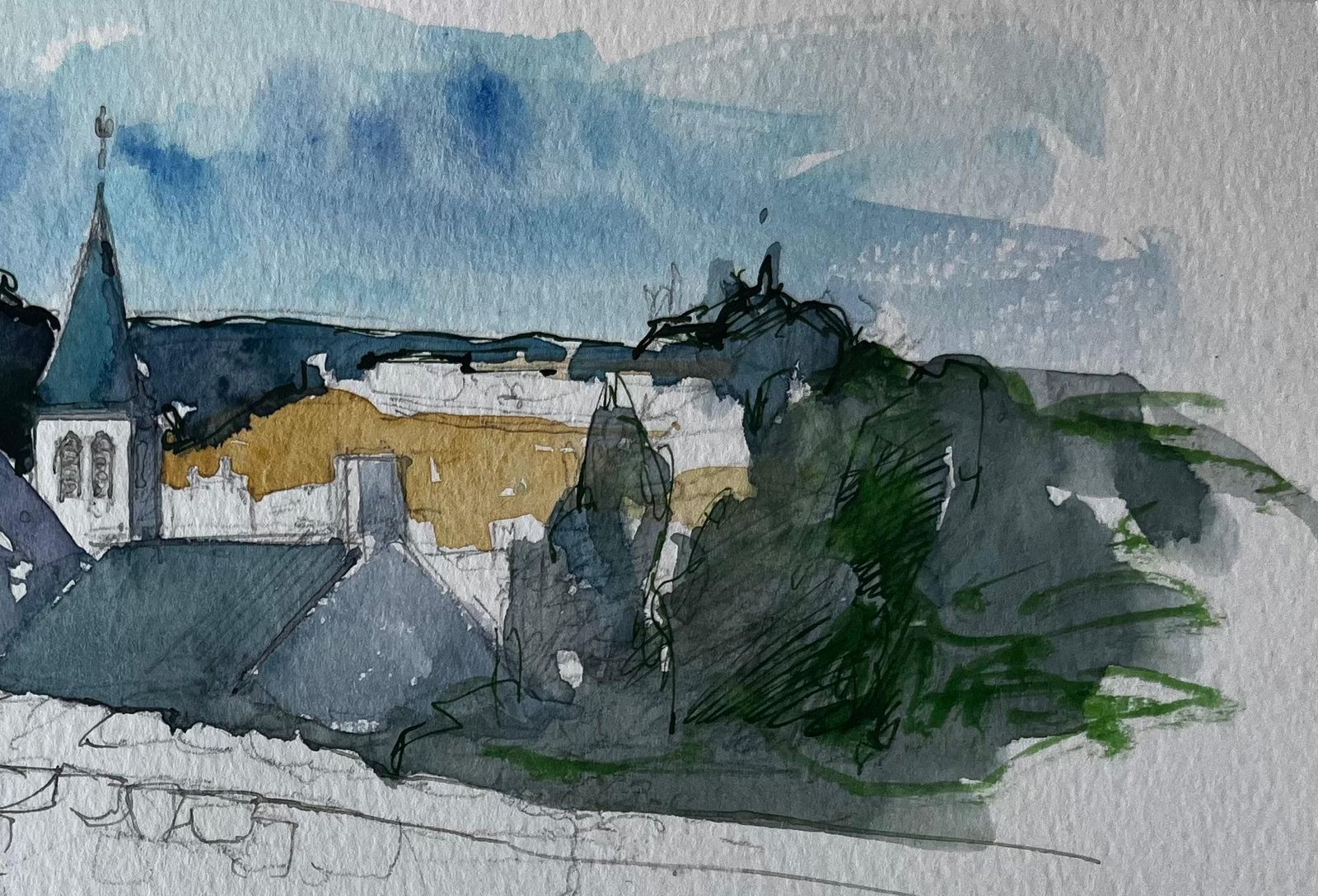 Pierre Neveumortemart Village Stone Walls Church Tower And Summer Sky Watercolour Study photo Art