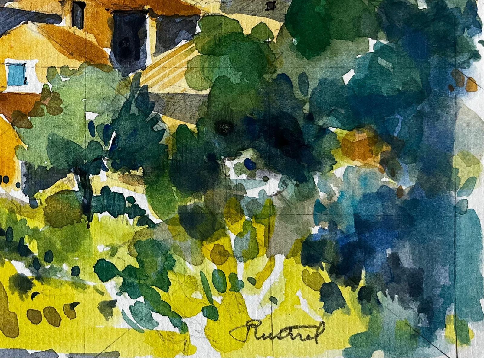 Pierre Neveurudinal Provence Village Yellow Houses Cypress Trees French Landscape Watercolor photo Art
