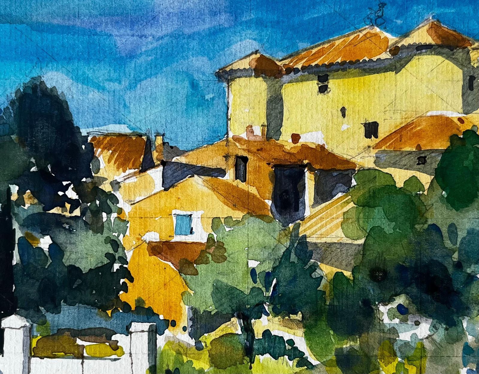 Pierre Neveurudinal Provence Village Yellow Houses Cypress Trees French Landscape Watercolor photo buy
