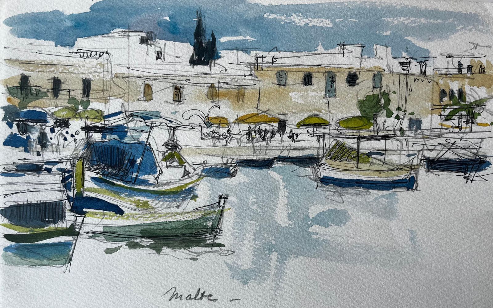 Pierre Neveumalta Harbour Boats Waterfront Scene Watercolour Sketch By Pierre Neveu