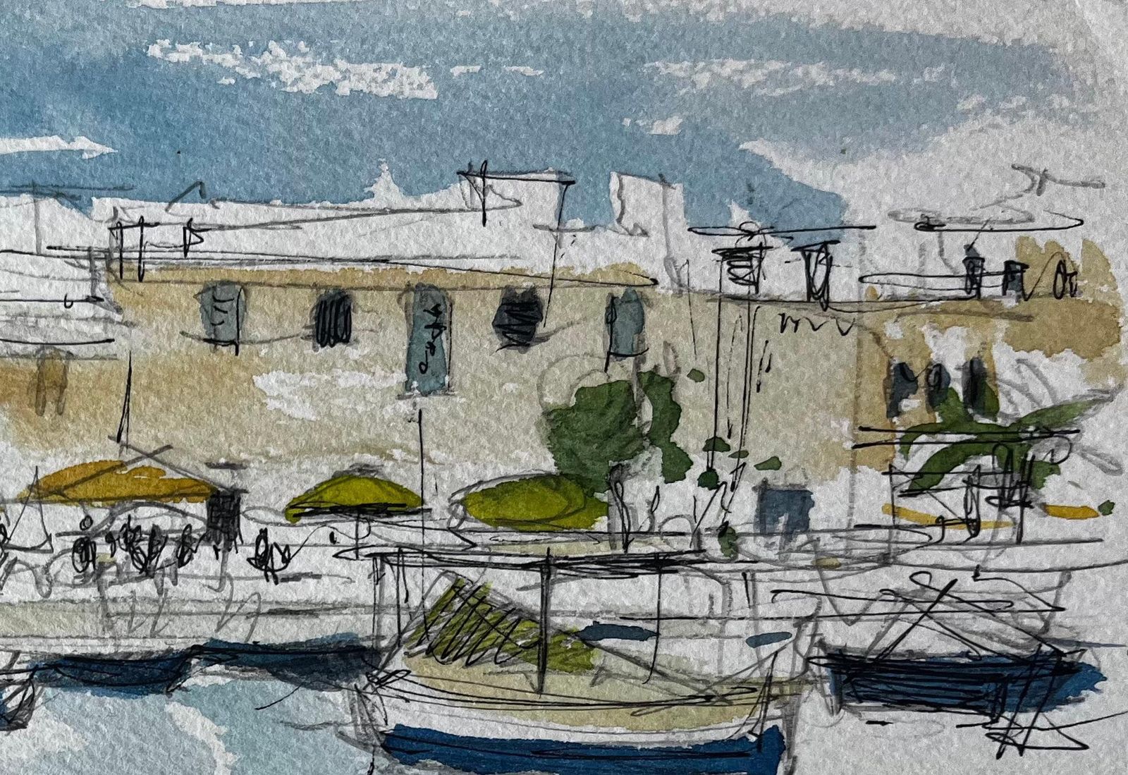 Pierre Neveumalta Harbour Boats Waterfront Scene Watercolour Sketch By Pierre Neveu photo Art