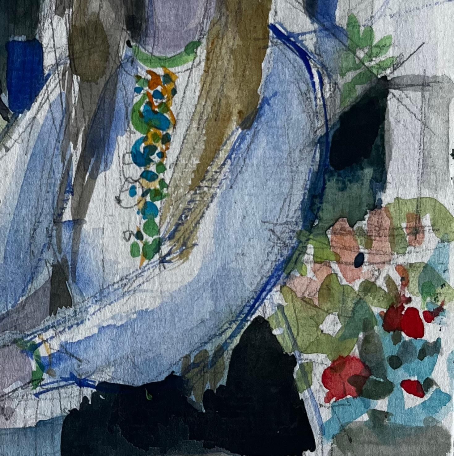 Pierre Neveuseated Woman With Flowers Interior Scene Figurative Watercolour By Pierre Neveu photo 551.0