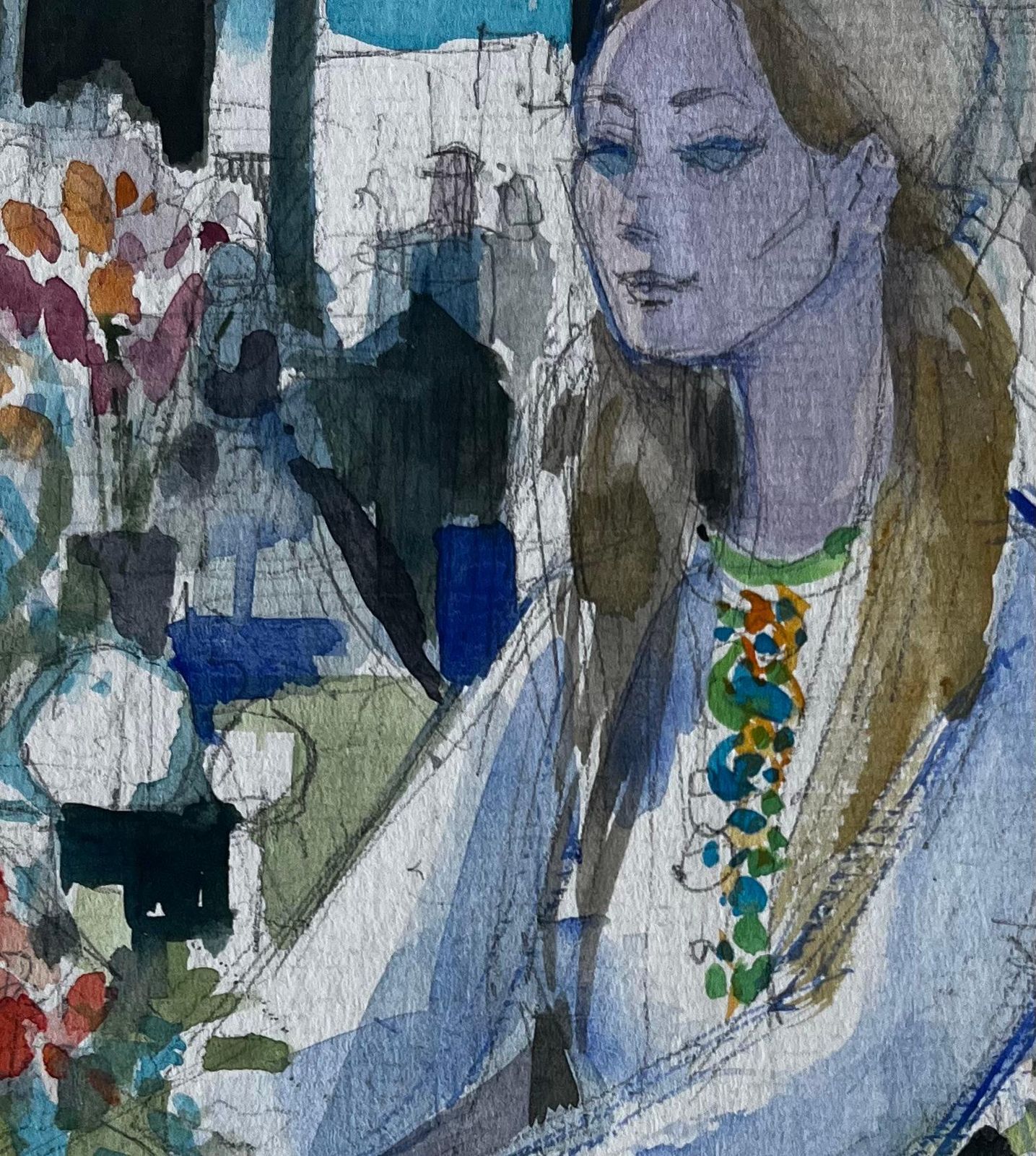 Pierre Neveuseated Woman With Flowers Interior Scene Figurative Watercolour By Pierre Neveu photo buy