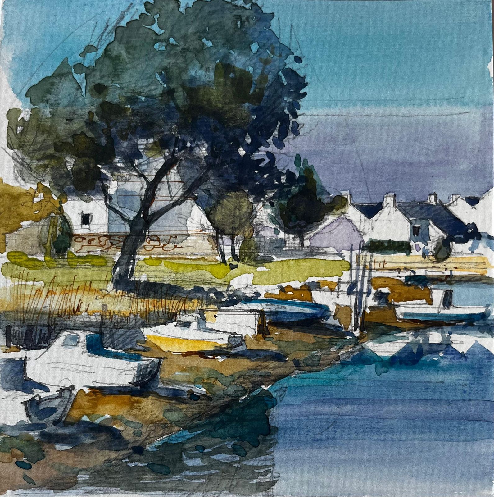 Pierre Neveufrench Harbour Village Boats Tree And White Cottages Watercolour Study