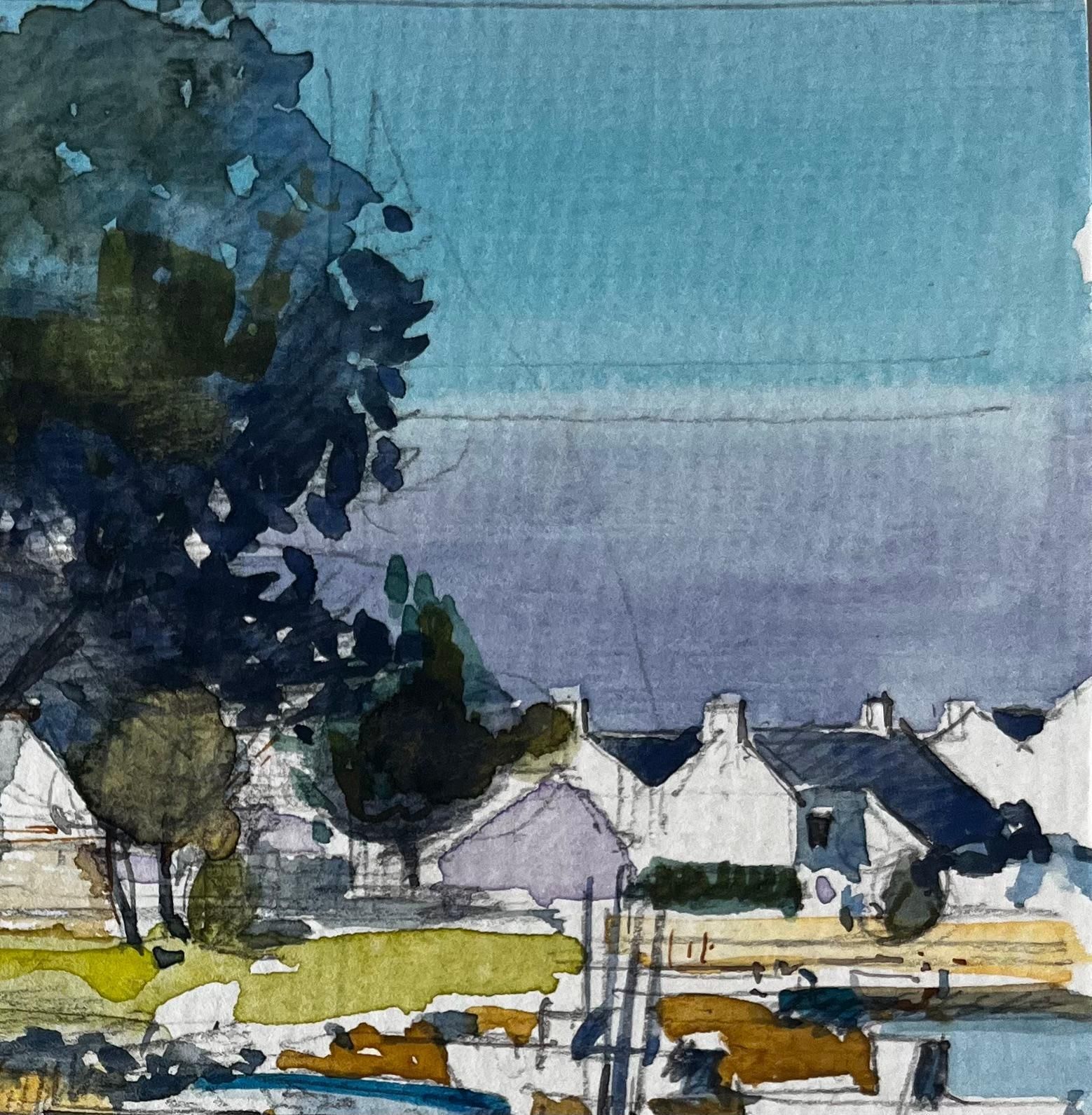 Pierre Neveufrench Harbour Village Boats Tree And White Cottages Watercolour Study photo for sale
