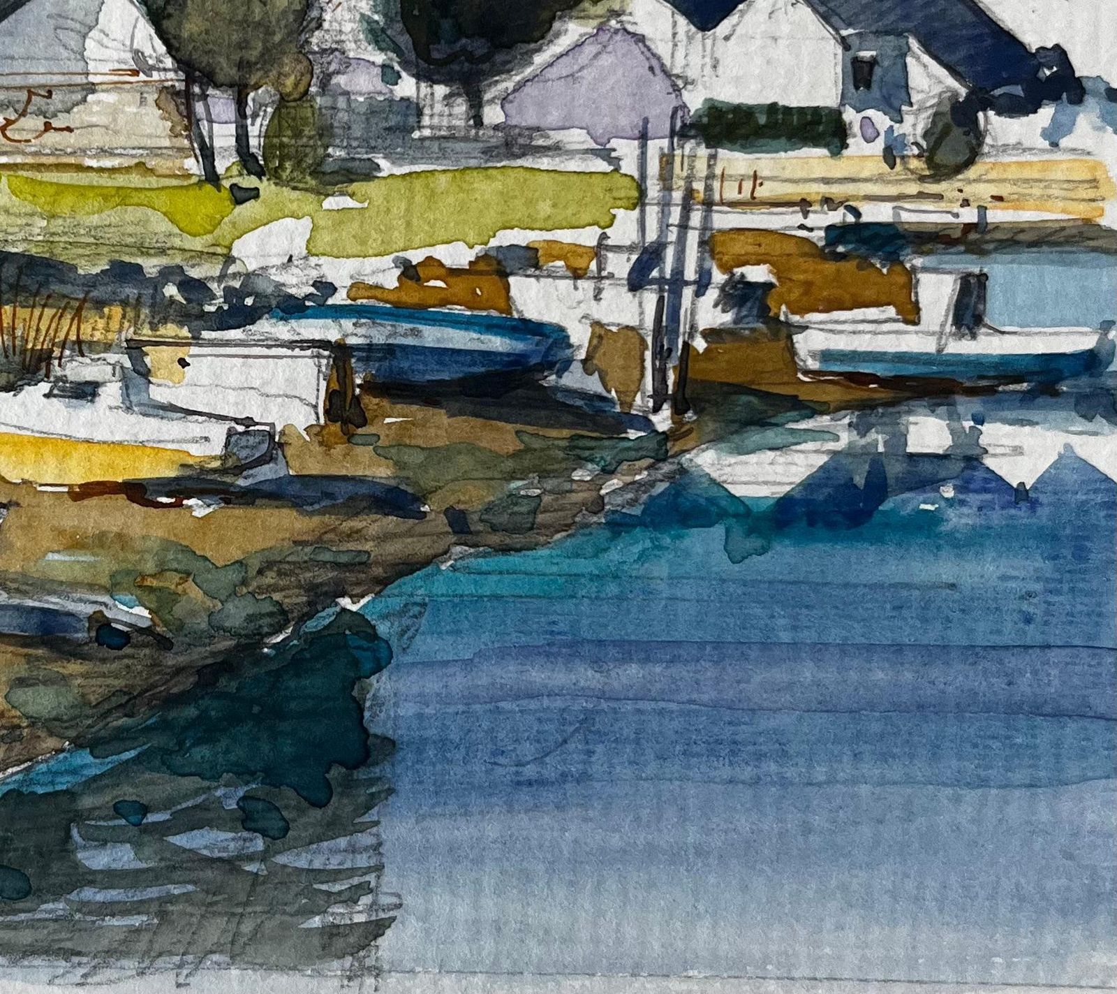 Pierre Neveufrench Harbour Village Boats Tree And White Cottages Watercolour Study photo Art