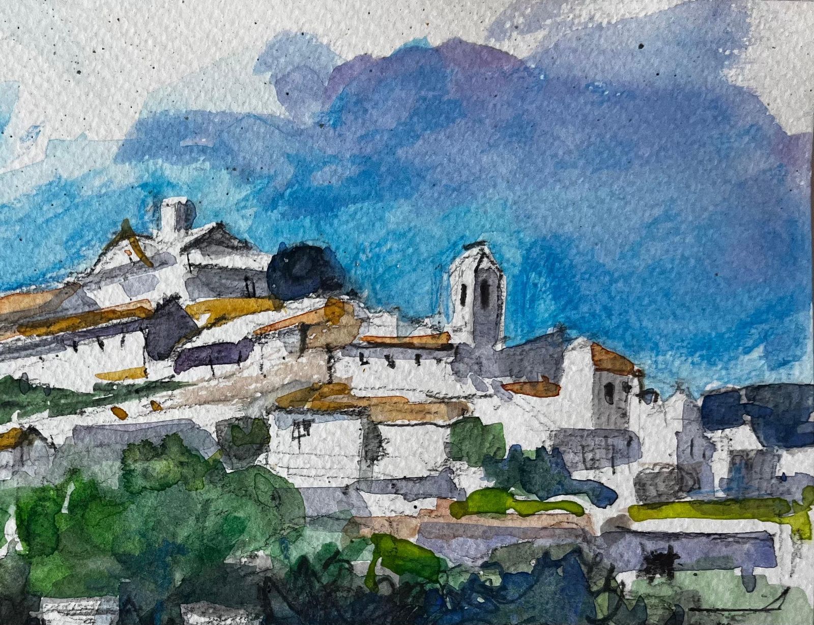 Pierre Neveuhilltop Village White Houses Terracotta Roofs Olive Trees Watercolour Study photo for sale