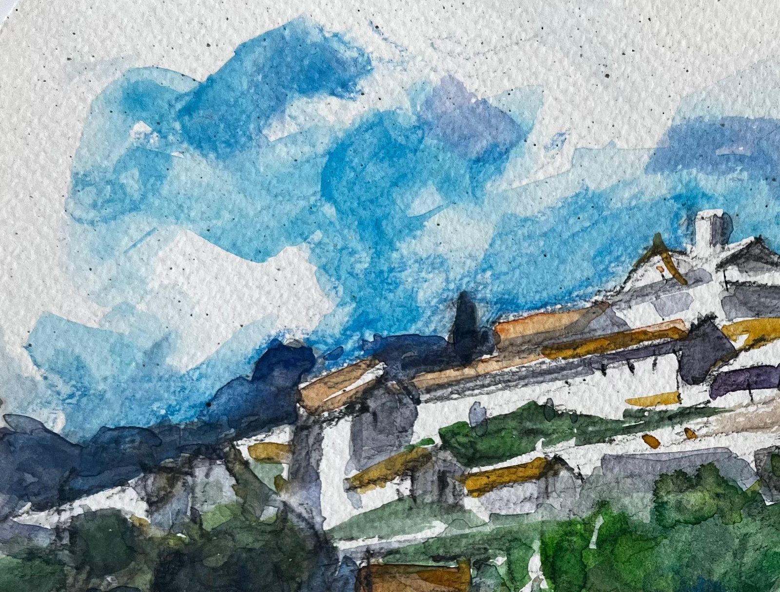 Pierre Neveuhilltop Village White Houses Terracotta Roofs Olive Trees Watercolour Study photo Art