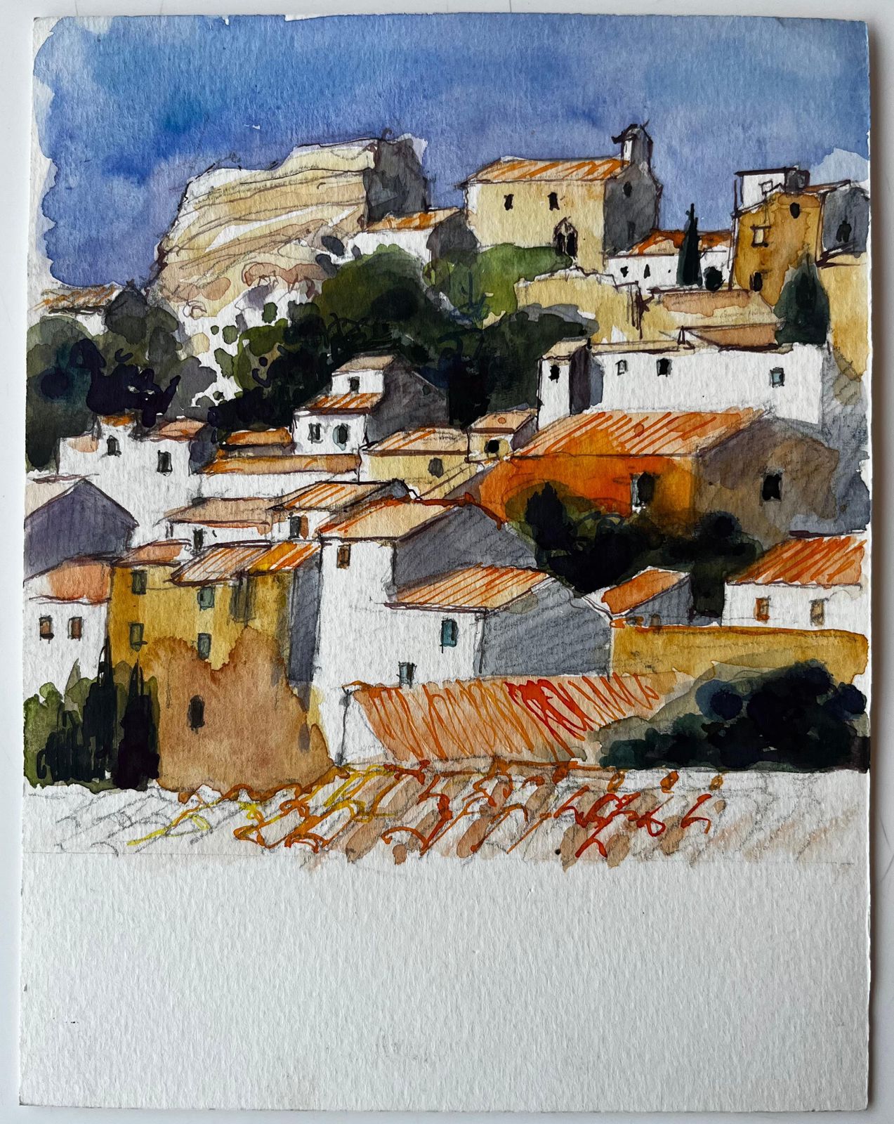 Pierre Neveuprovence Hilltop Village With Terracotta Roofs French Landscape Watercolor photo furniture