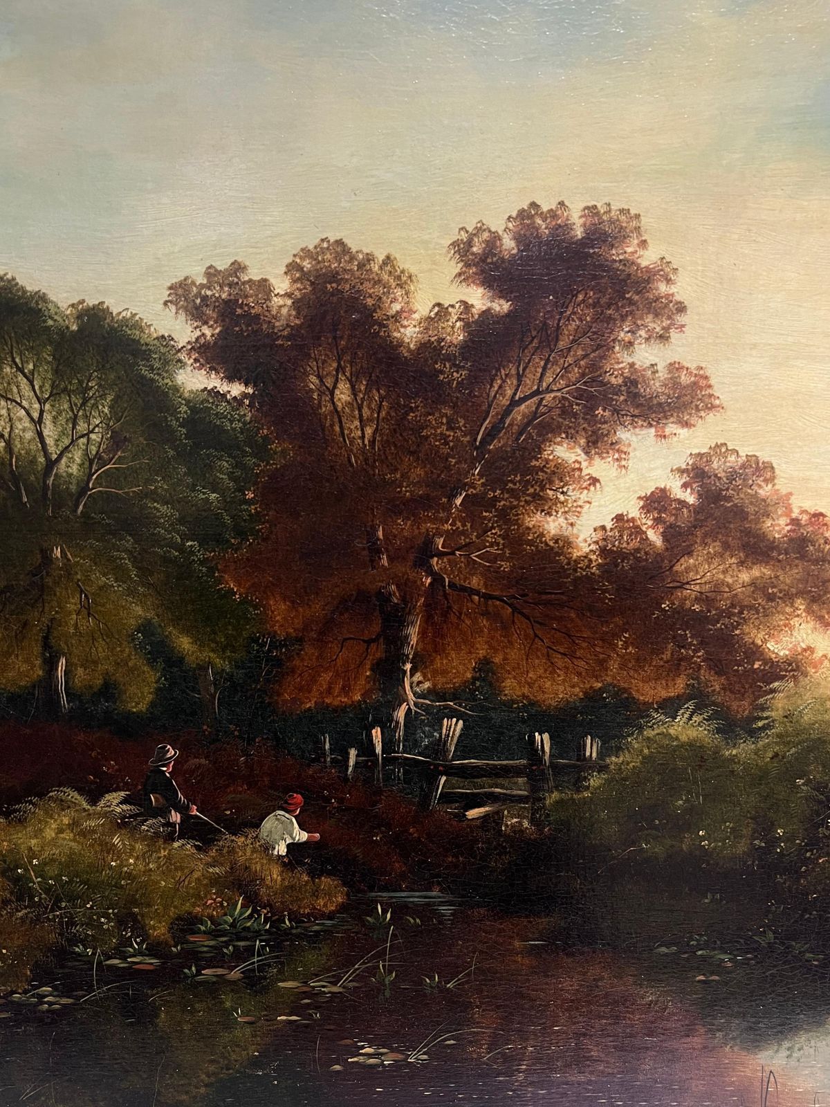 Edwin Henry Boddington (1836–1905) Fine Large Victorian Signed Oil Painting Anglers Romantic River Sunset Landscape photo for sale
