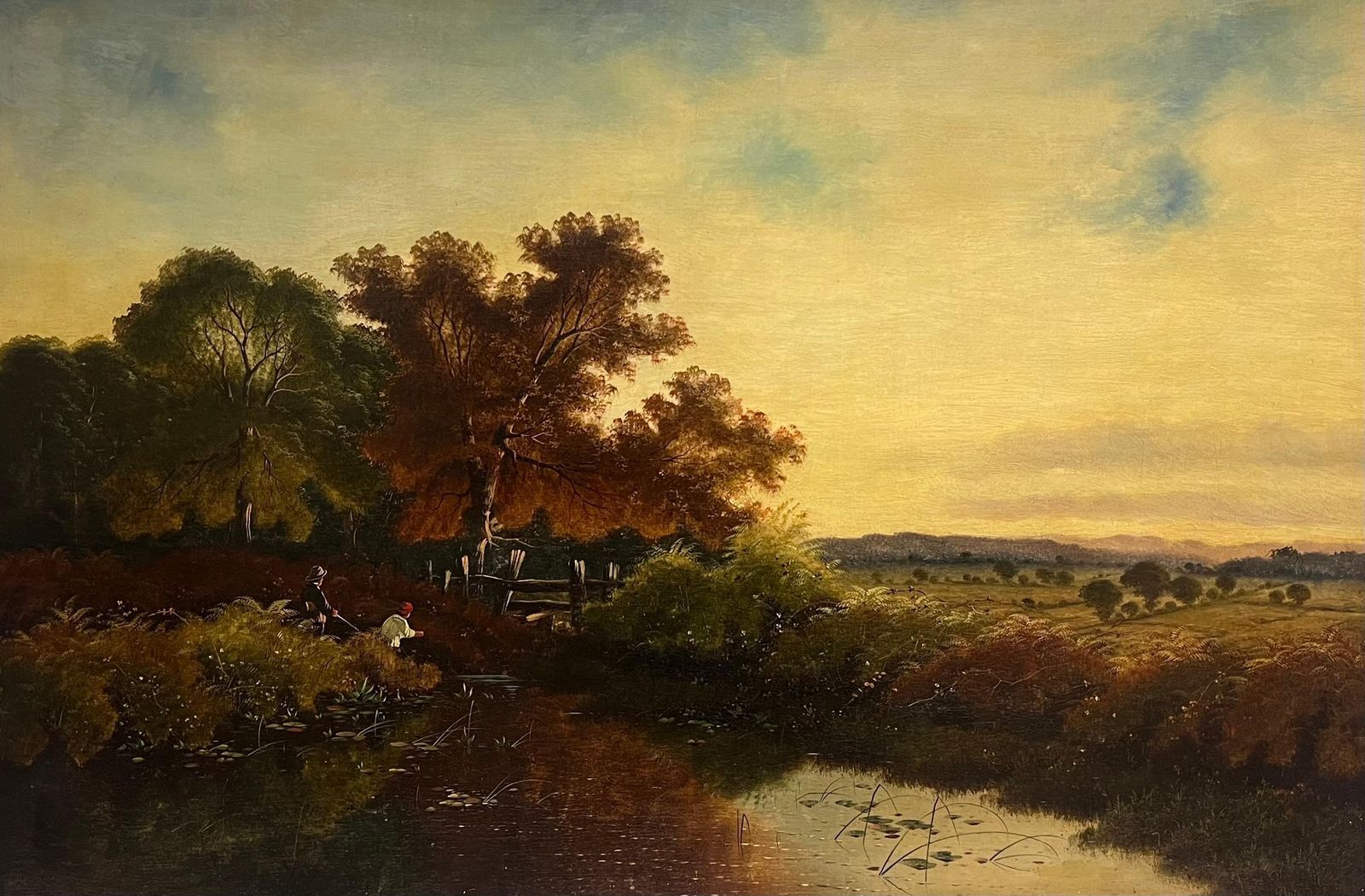 Edwin Henry Boddington (1836–1905) Fine Large Victorian Signed Oil Painting Anglers Romantic River Sunset Landscape photo 2850.0
