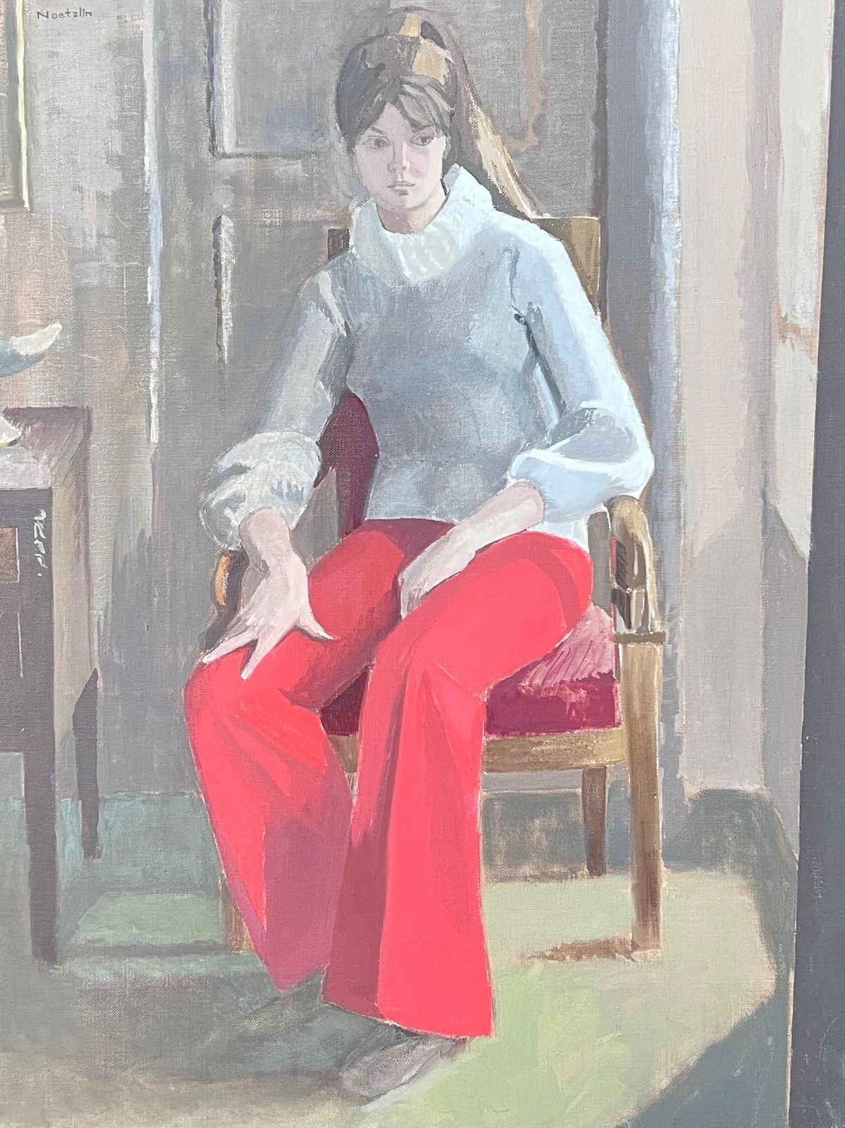 Laure Noetzin Azam (French 1929 2024)fine 20th Century French Modernist Oil Painting Girl In Red Trousers