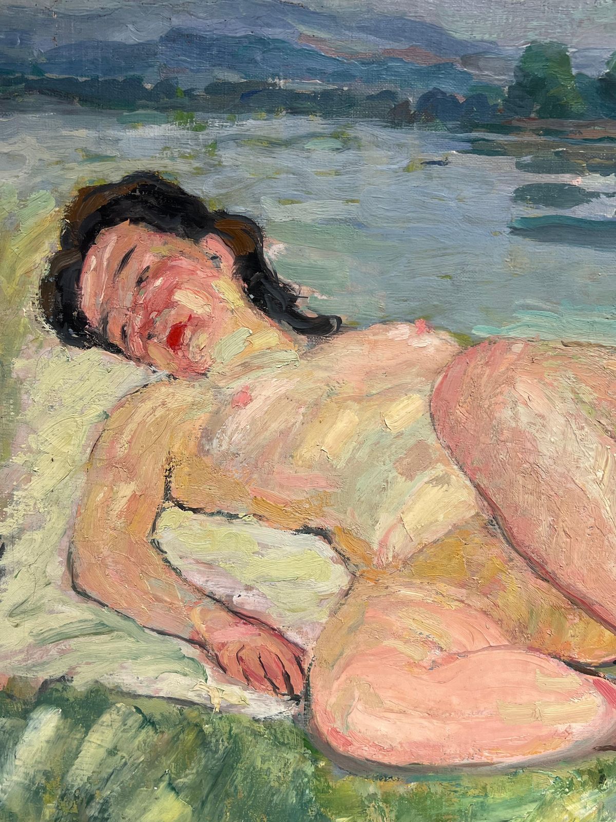 Suzanne Dinkesfrench Mid Century Large Oil Painting Nude Lady Reclining On River Bank1950's photo for sale
