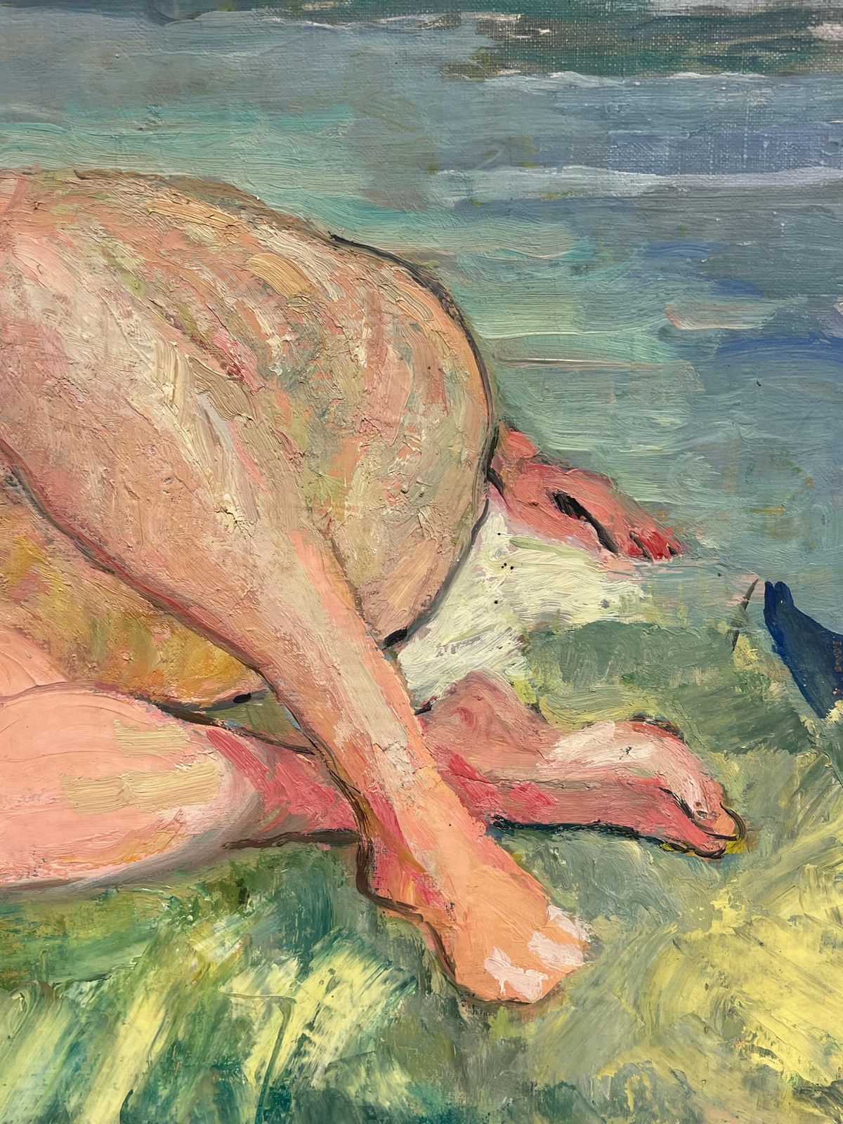 Suzanne Dinkesfrench Mid Century Large Oil Painting Nude Lady Reclining On River Bank1950's photo 1261.0