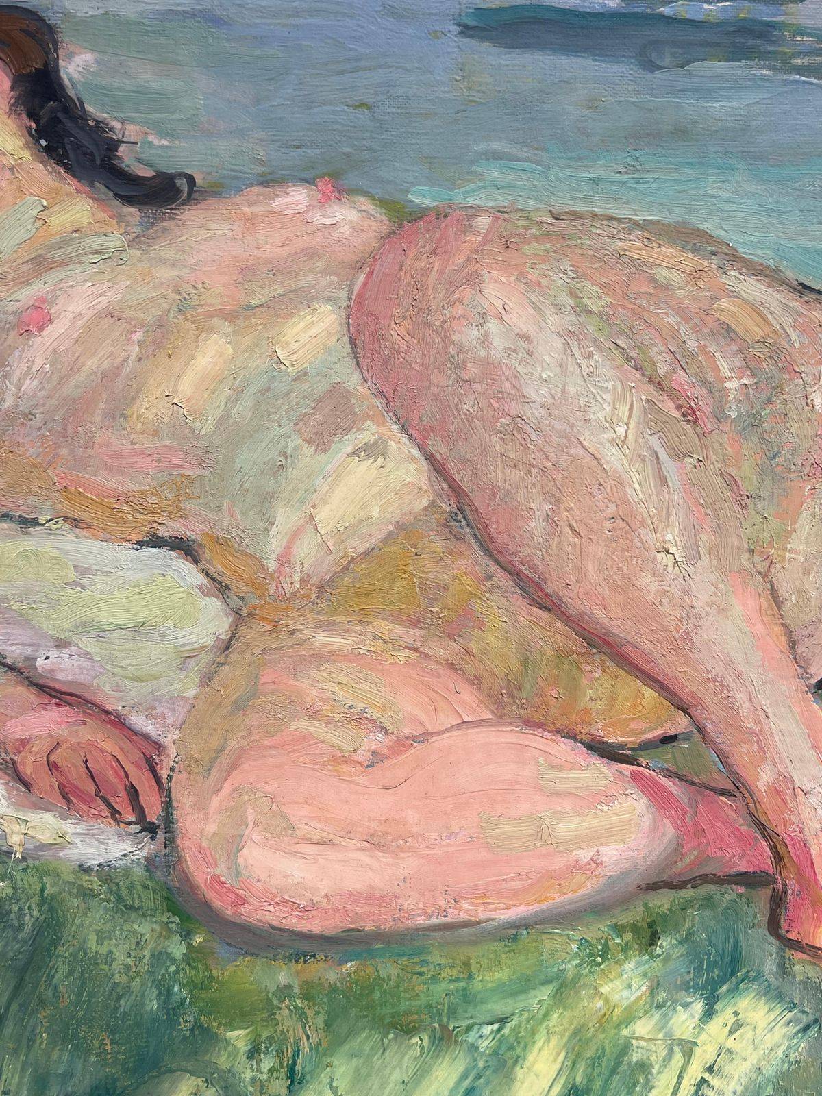 Suzanne Dinkesfrench Mid Century Large Oil Painting Nude Lady Reclining On River Bank1950's photo vinterior