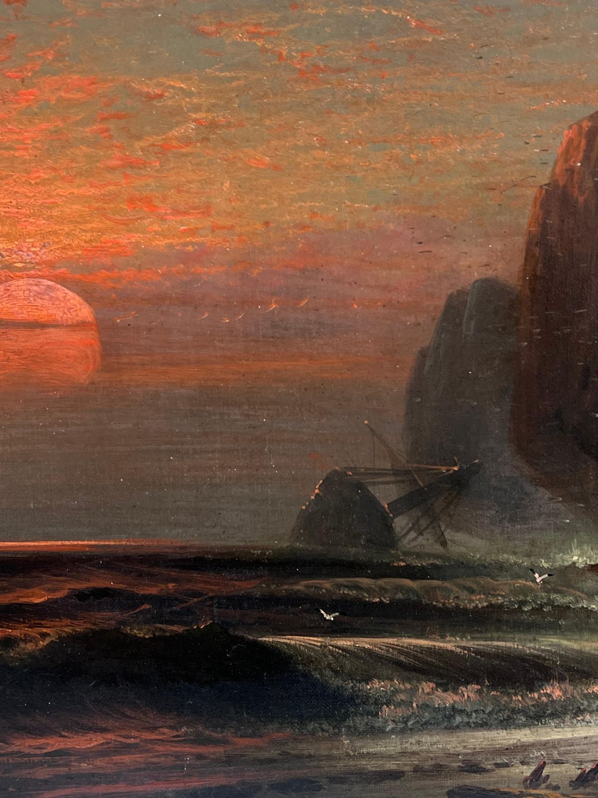 Charles Websterfine Very Large 19th Century English Marine Oil Painting Wreckers Sunset Coast1870's photo for sale